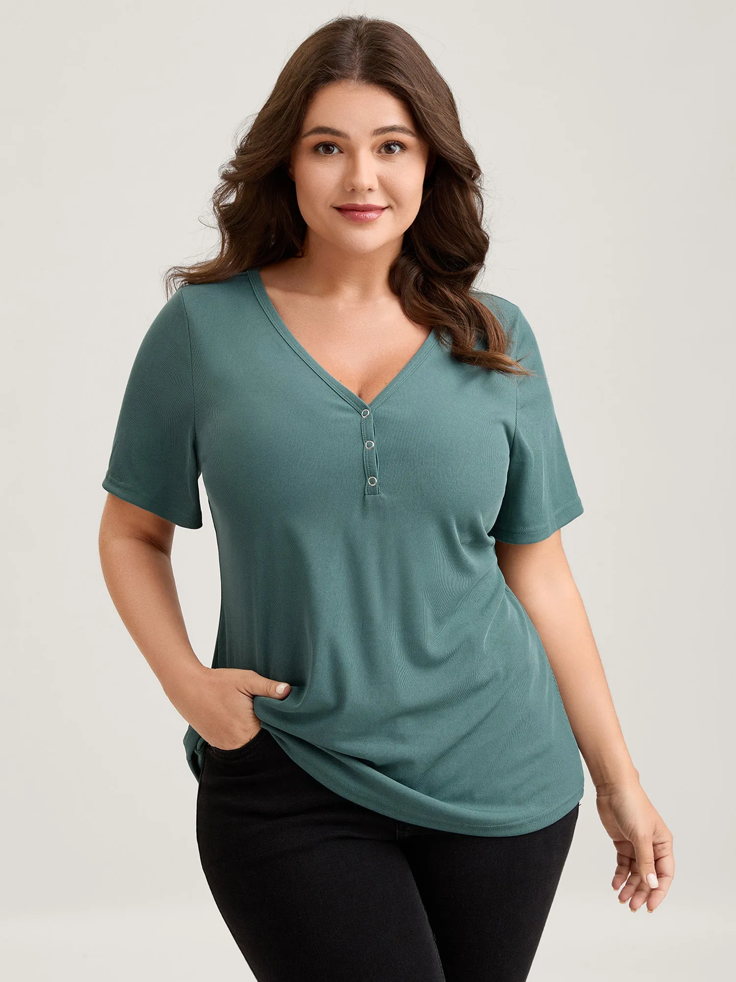 Ribbed Button V-Neck Knit T-Shirt sold by Bloomchic
