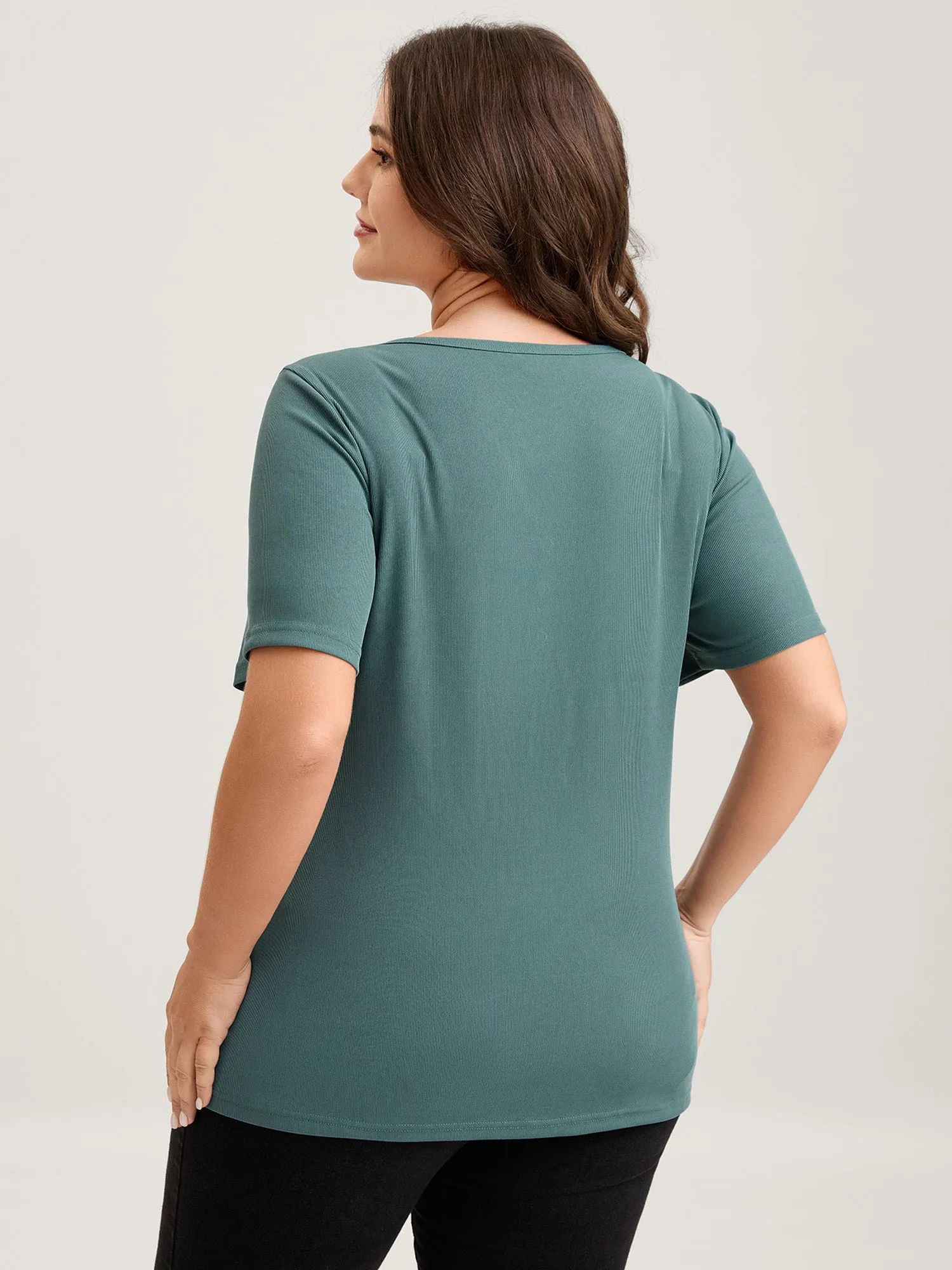 Ribbed Button V-Neck Knit T-Shirt sold by Bloomchic product image thumbnail 4