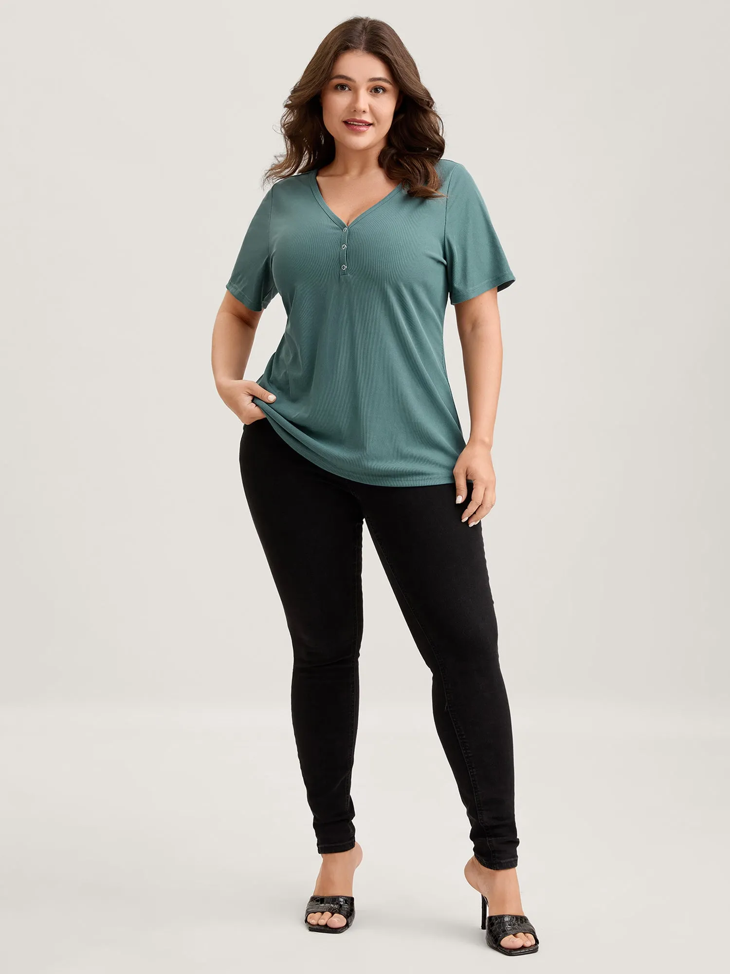 Ribbed Button V-Neck Knit T-Shirt sold by Bloomchic product image thumbnail 3