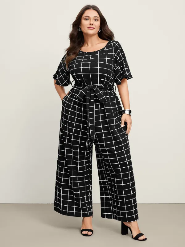Grid Print Cinched Belted Waist Jumpsuit sold by Bloomchic