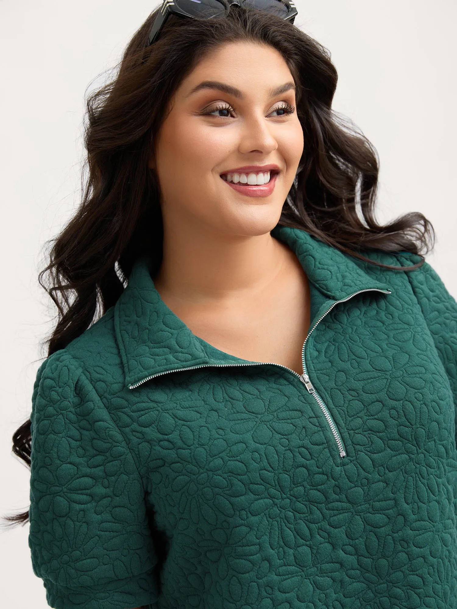 Half-Zipper Textured Solid Sweatshirt sold by Bloomchic