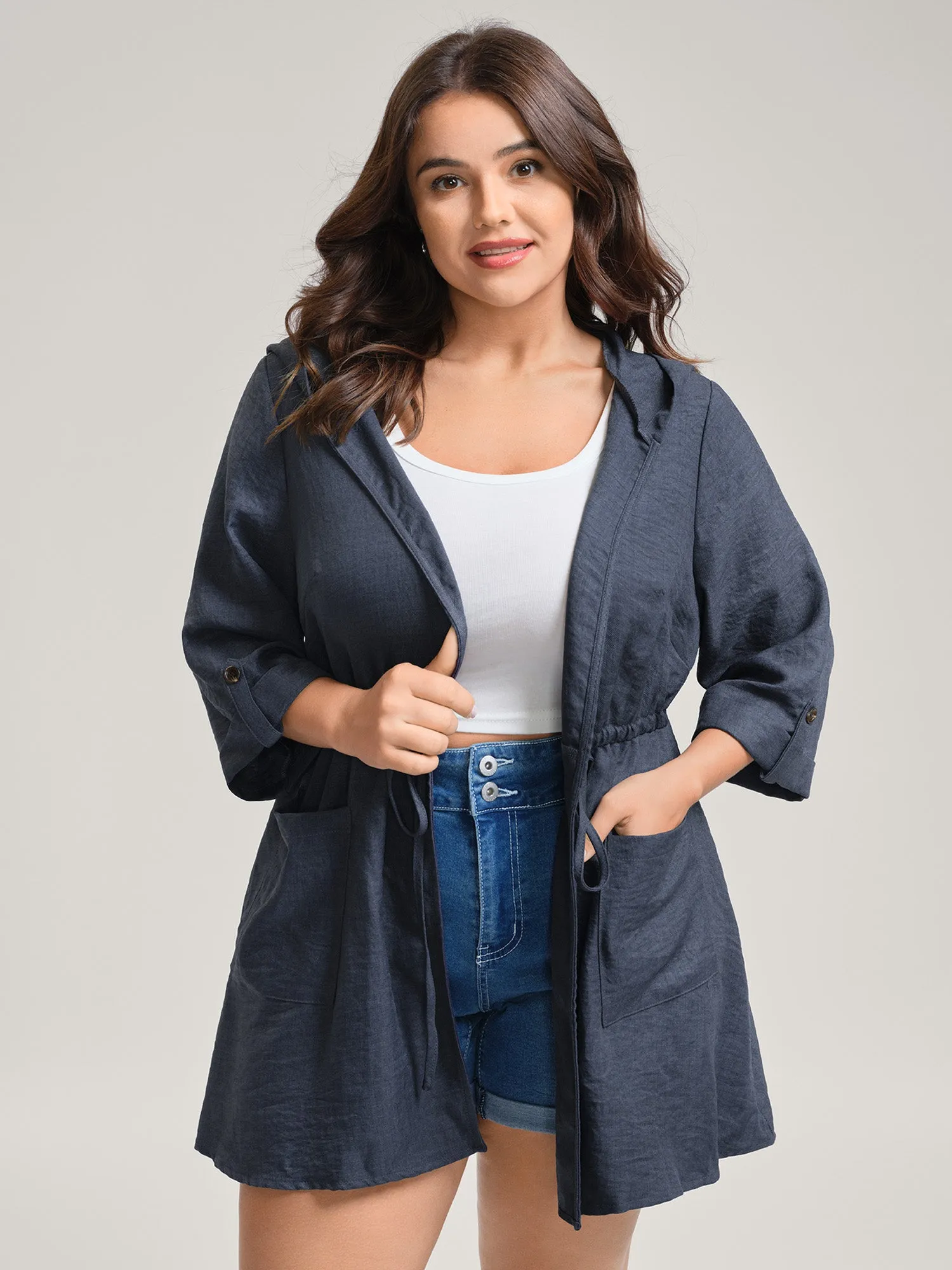 Adjustable Waist-Tie Pockets Hooded Jacket sold by Bloomchic