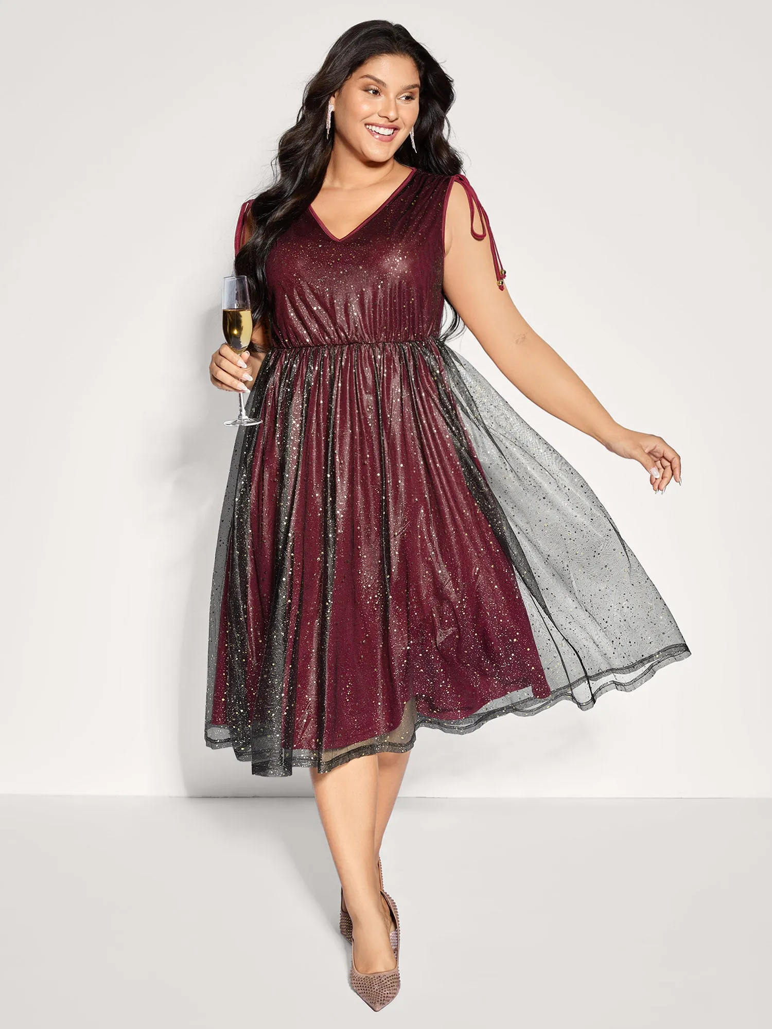 Shimmery Sequin Rhinestones Shoulder Tie Midi Dress sold by Bloomchic product image thumbnail 3