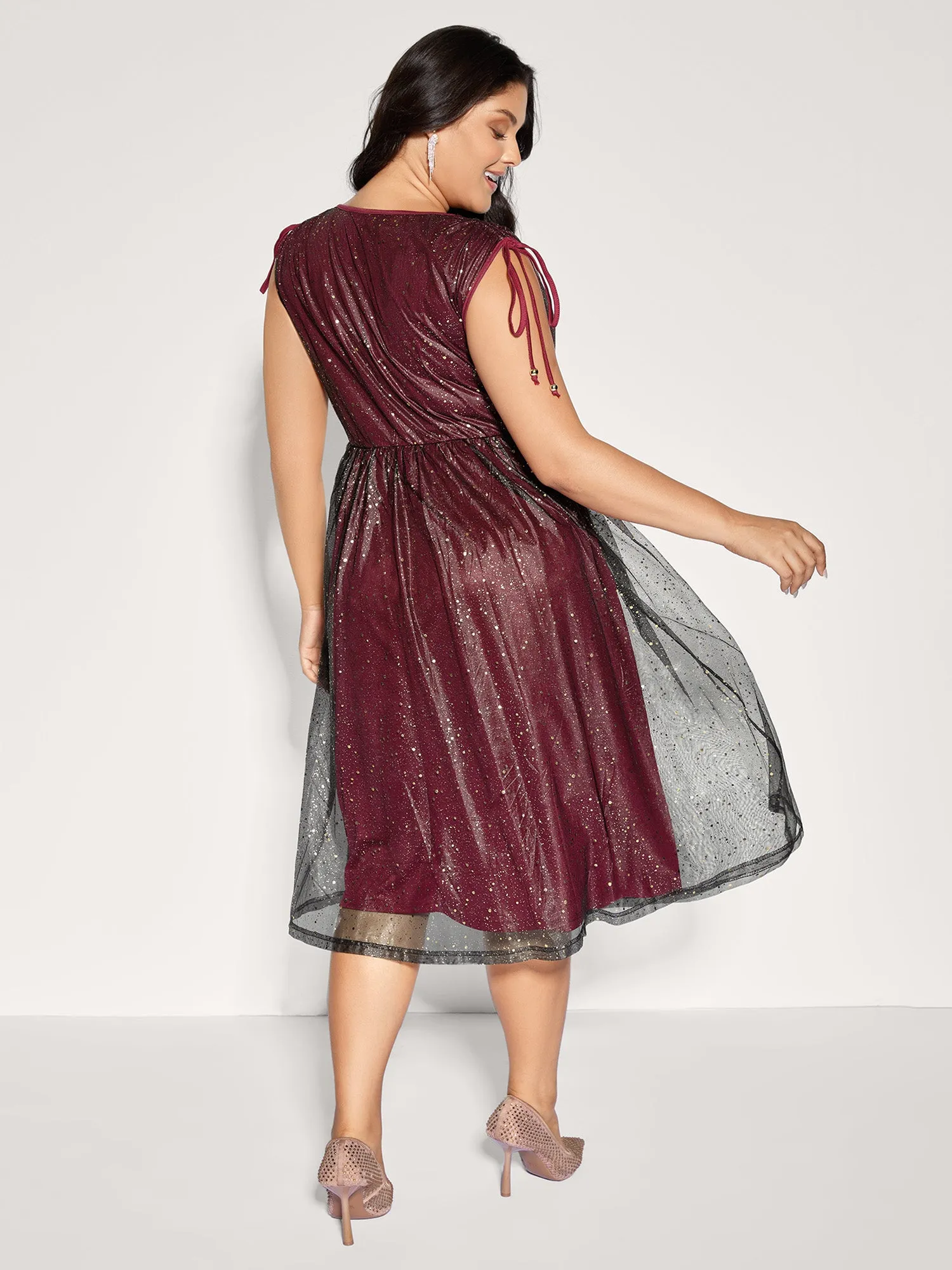 Shimmery Sequin Rhinestones Shoulder Tie Midi Dress sold by Bloomchic product image thumbnail 4