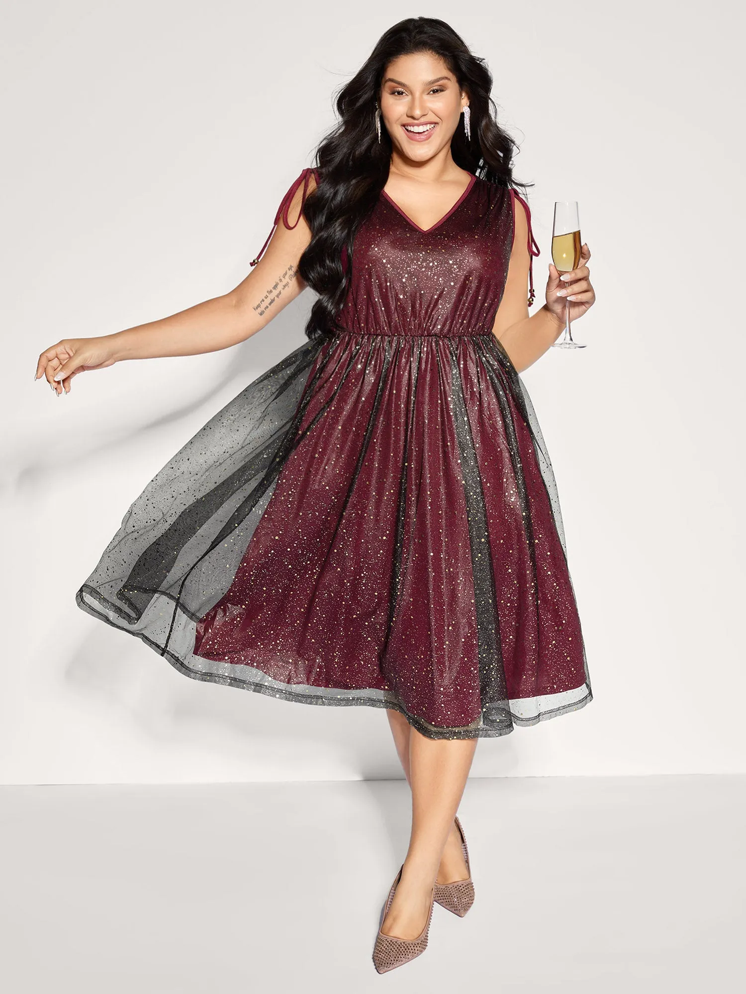 Shimmery Sequin Rhinestones Shoulder Tie Midi Dress sold by Bloomchic