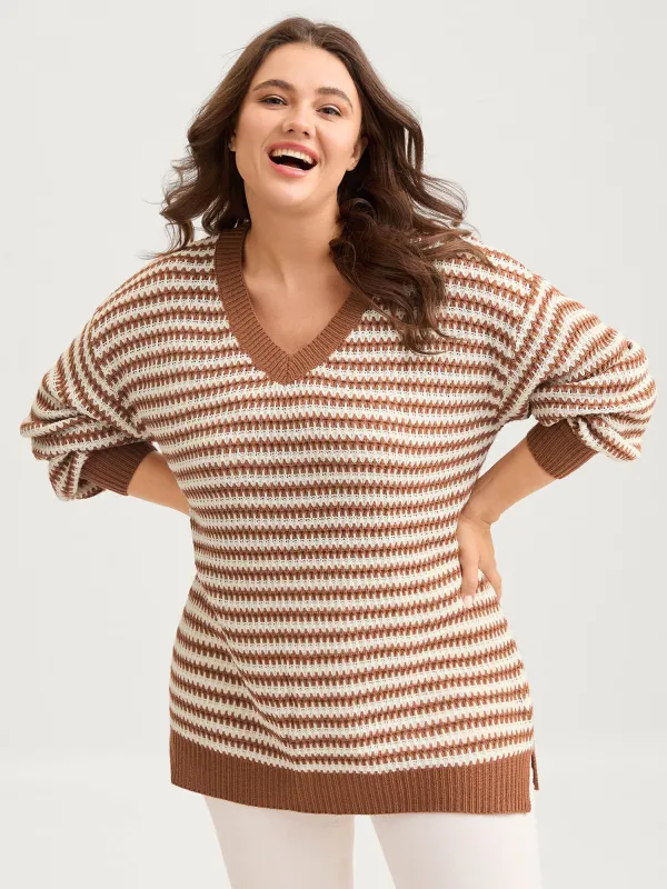 Striped Textured Ribbed Hem V-Neck Pullover sold by Bloomchic