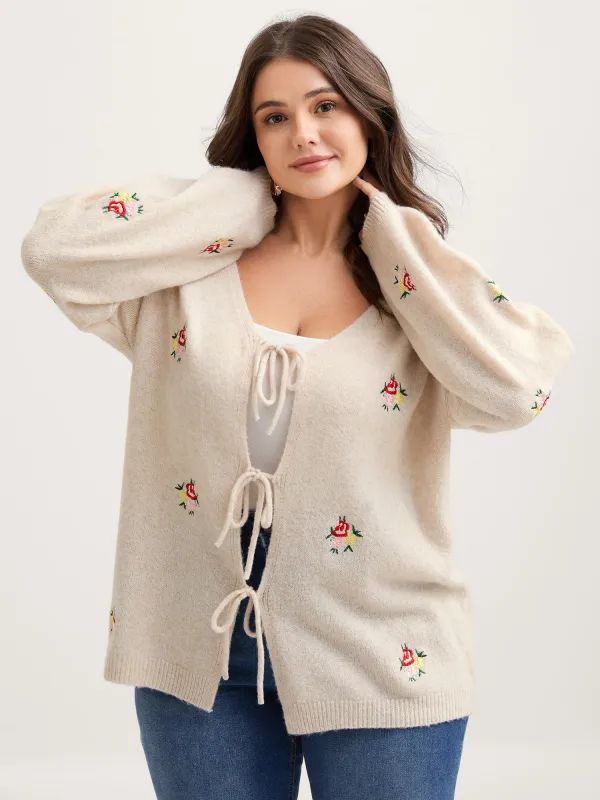 Supersoft Floral Embroidery Front Triple Tie Knit Cardigan sold by Bloomchic