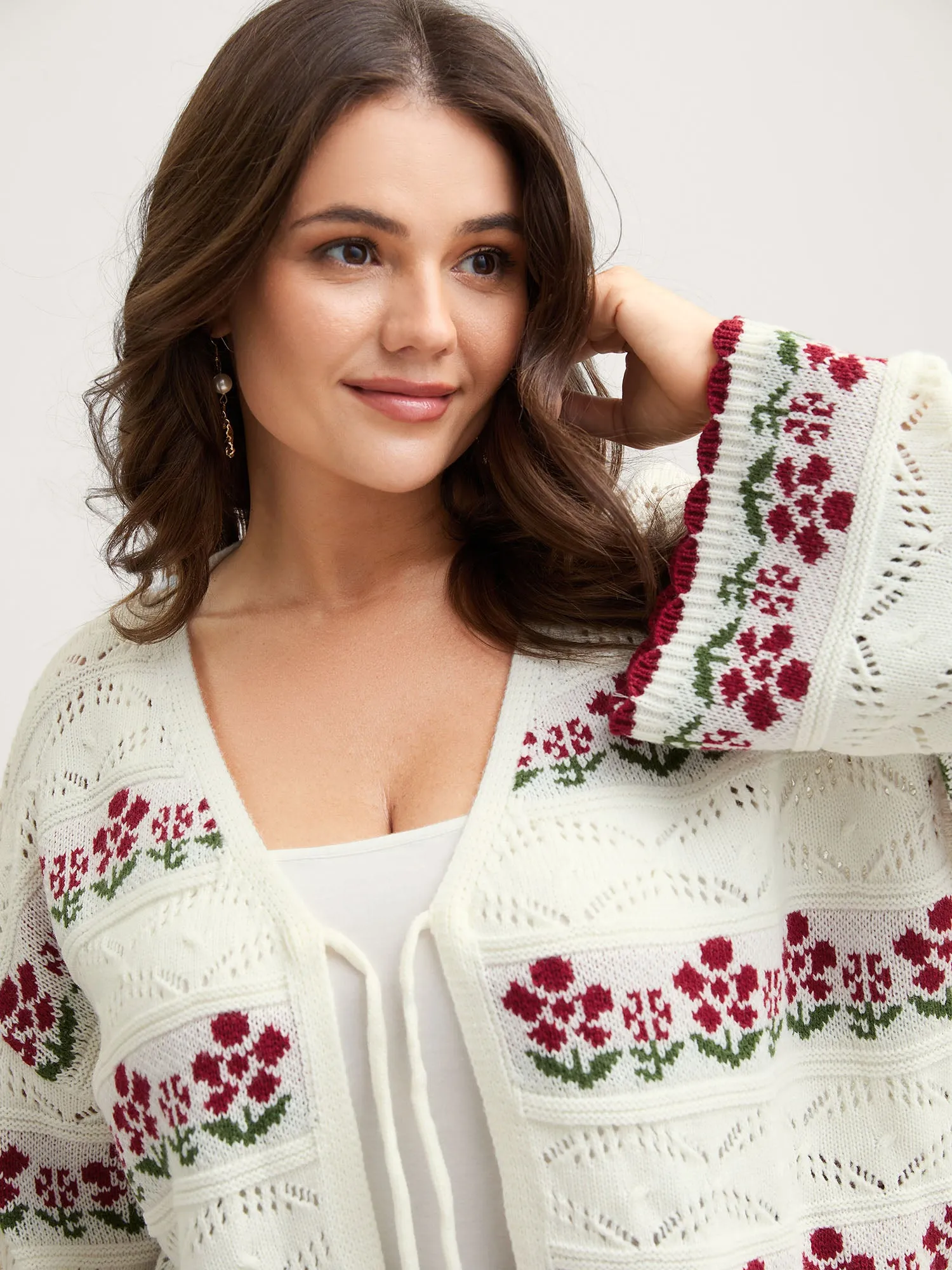 Floral Jacquard Front-Tie Cut-Out Cardigan sold by Bloomchic product image thumbnail 2