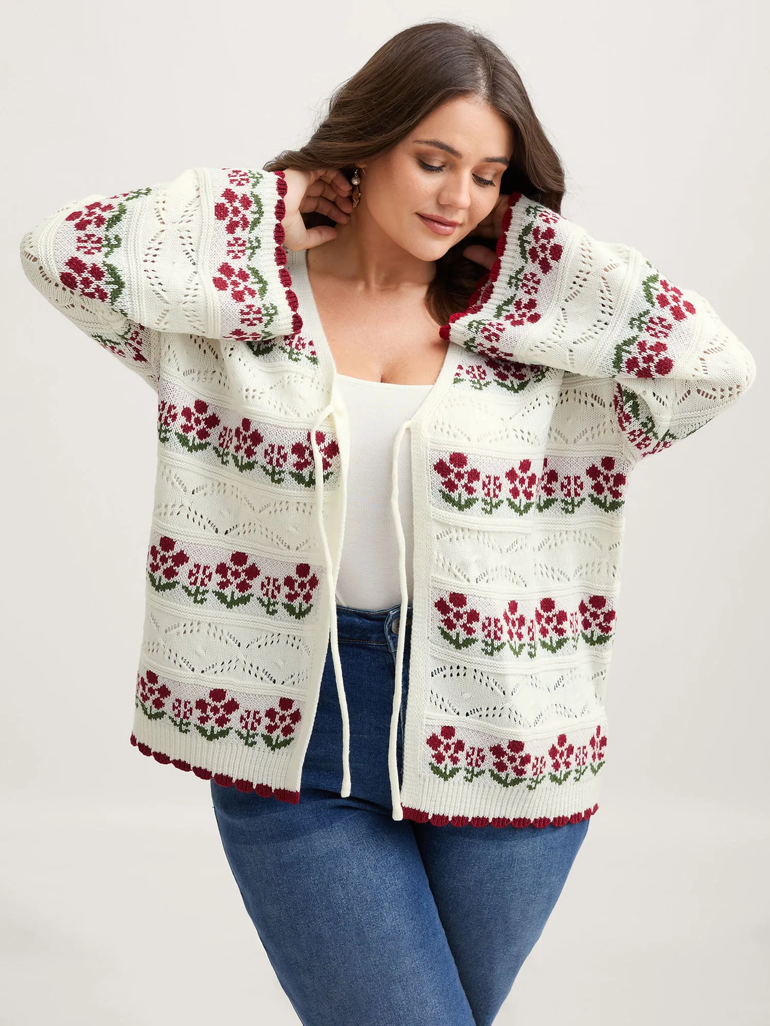 Floral Jacquard Front-Tie Cut-Out Cardigan sold by Bloomchic product image thumbnail 3