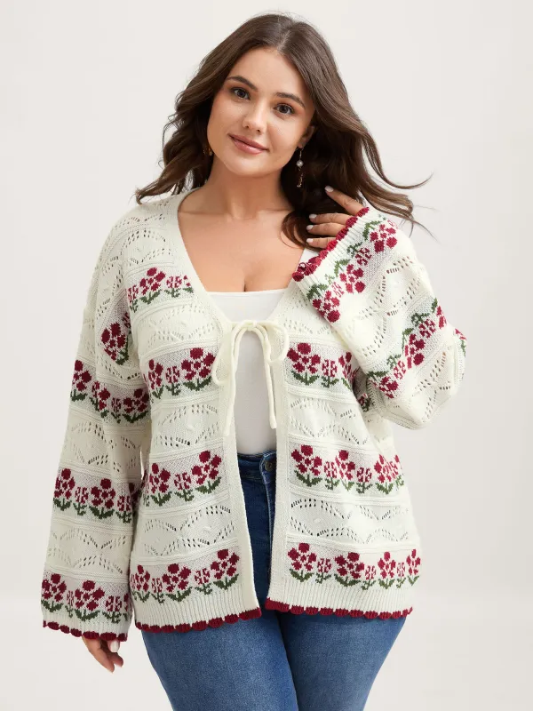 Floral Jacquard Front-Tie Cut-Out Cardigan sold by Bloomchic