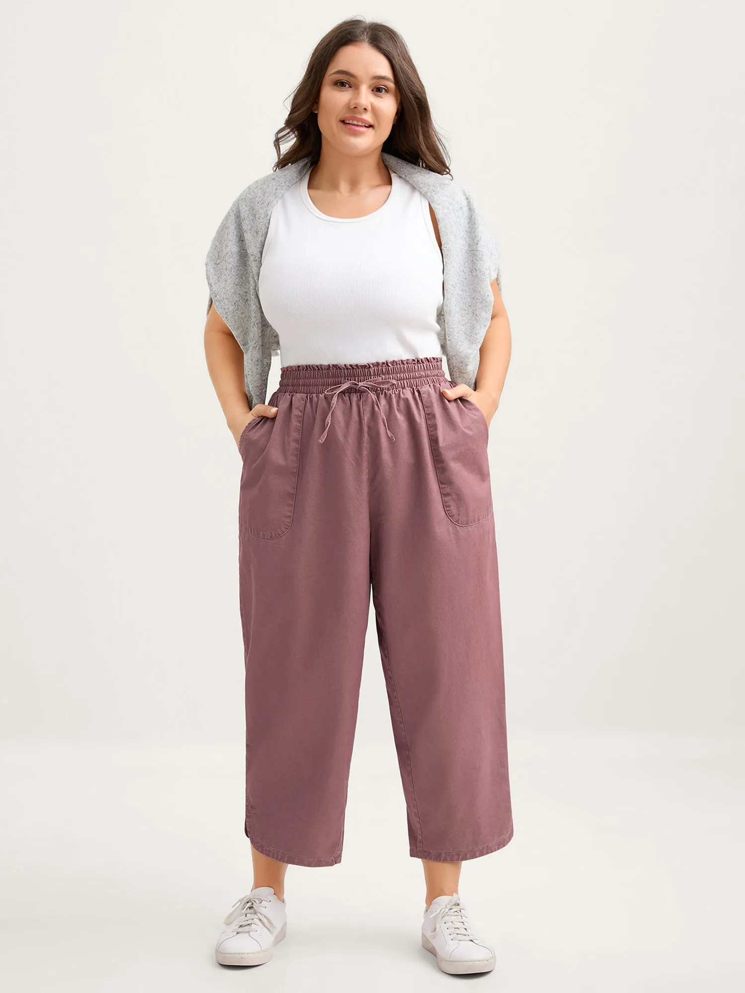 Cotton Shirred Wide Waistband Hem Slit Pants sold by Bloomchic