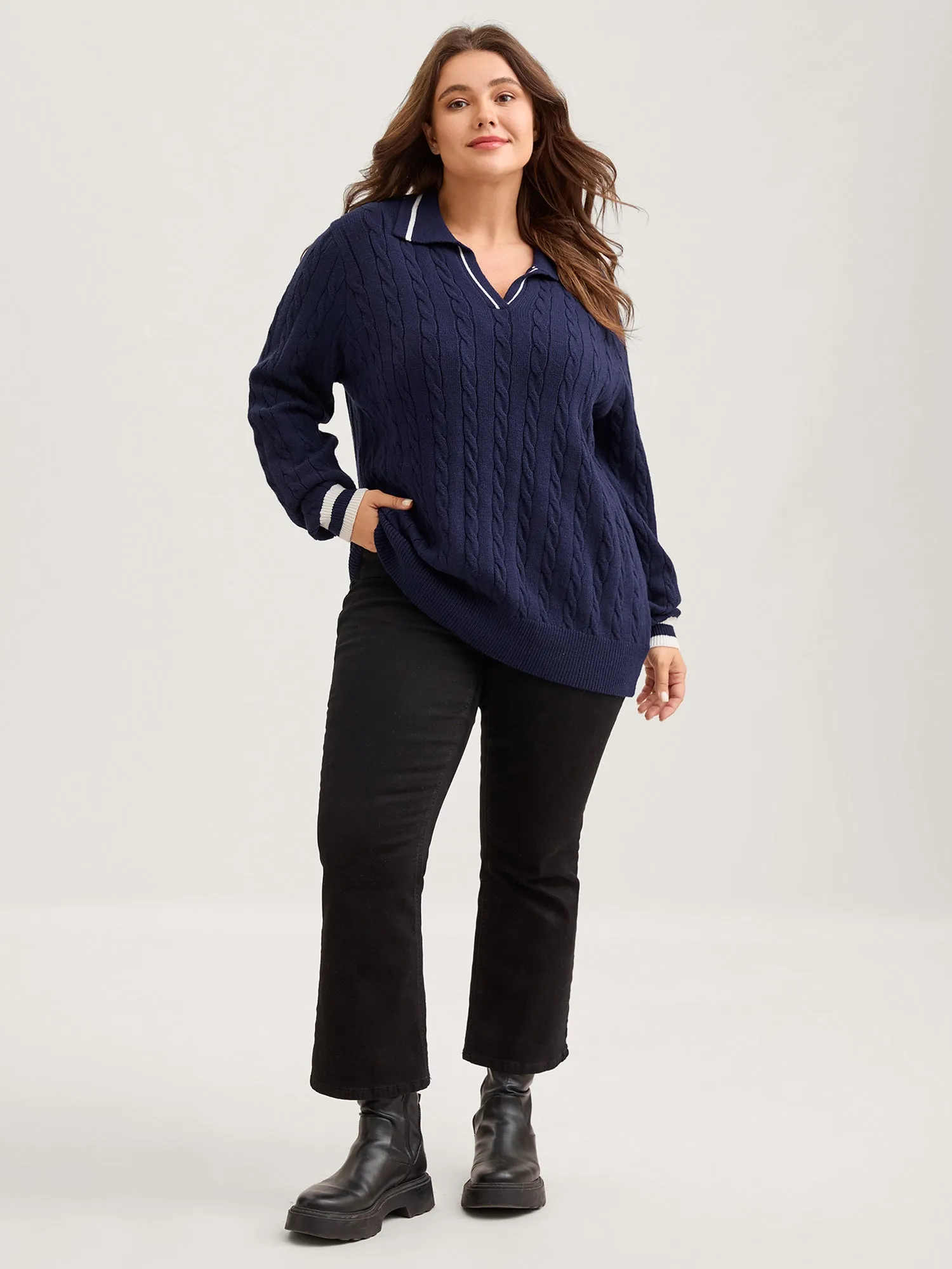 Supersoft Cable Knit Polo Collar Contrast Pullover sold by Bloomchic product image thumbnail 3