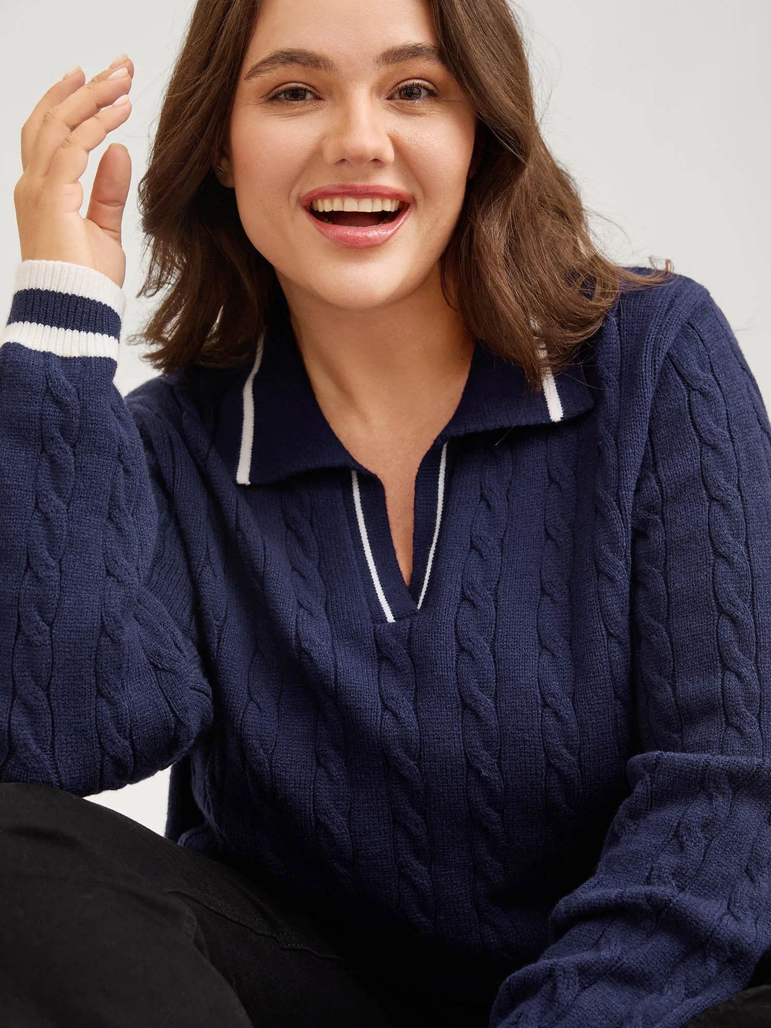 Supersoft Cable Knit Polo Collar Contrast Pullover sold by Bloomchic