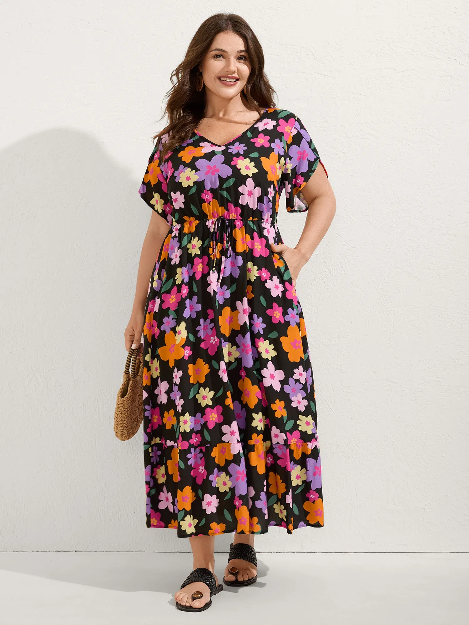 Colorful Floral Print Waist-Tie Midi Dress sold by Bloomchic product image thumbnail 3