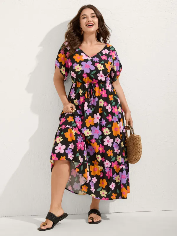 Colorful Floral Print Waist-Tie Midi Dress sold by Bloomchic