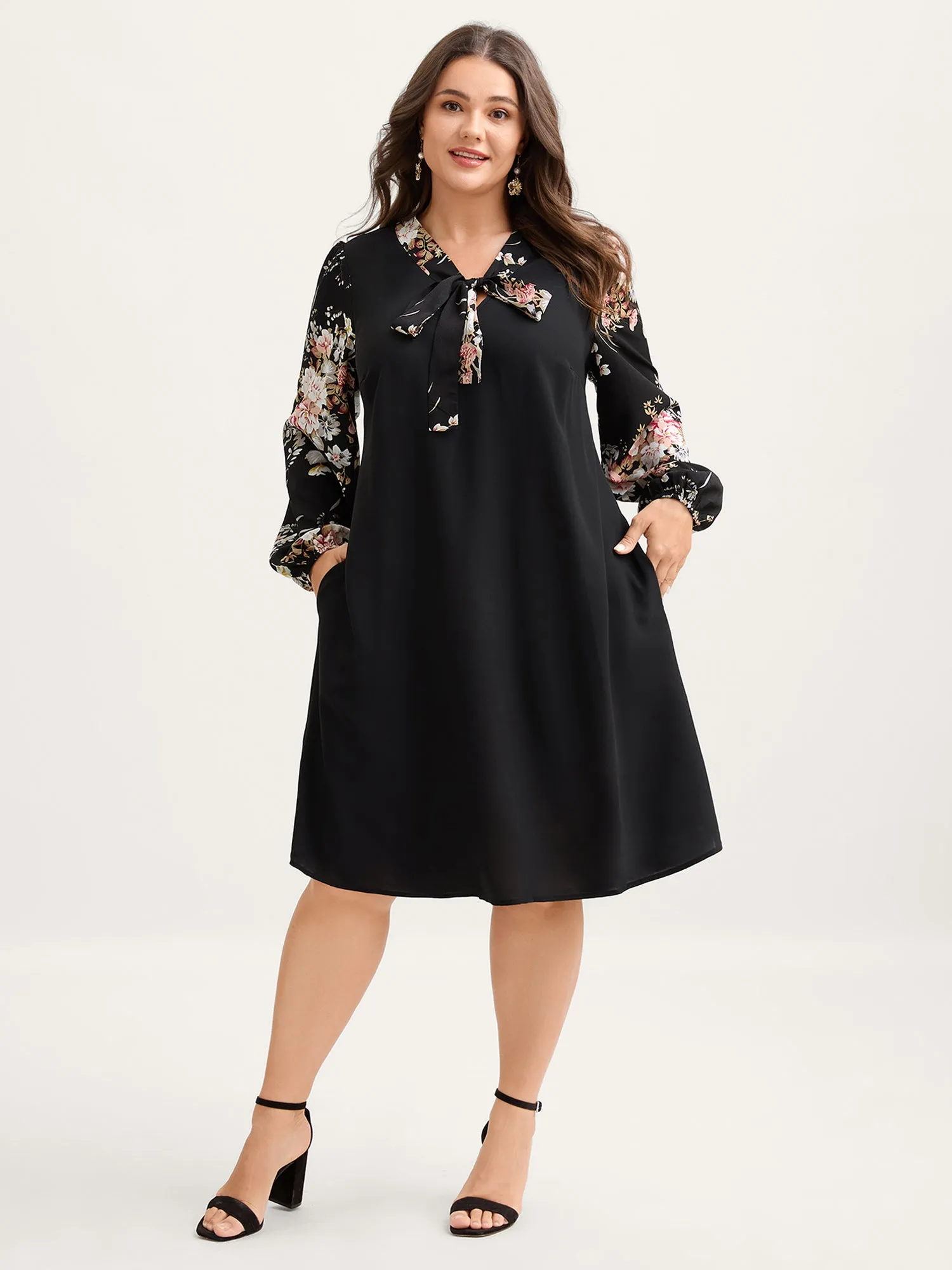 Floral Print Ribbon-Tie Neck Midi Dress sold by Bloomchic product image thumbnail 3