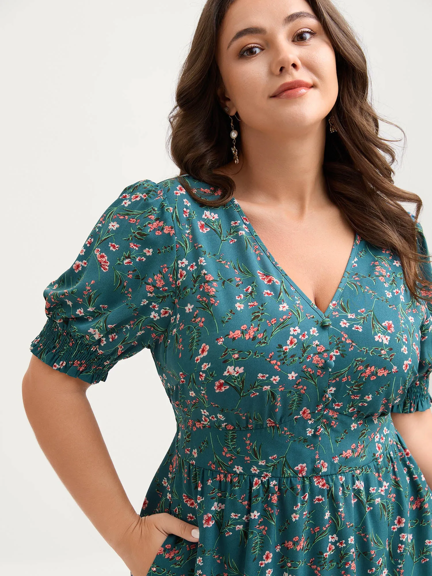 Retro Floral Print Button Detail Midi Dress sold by Bloomchic