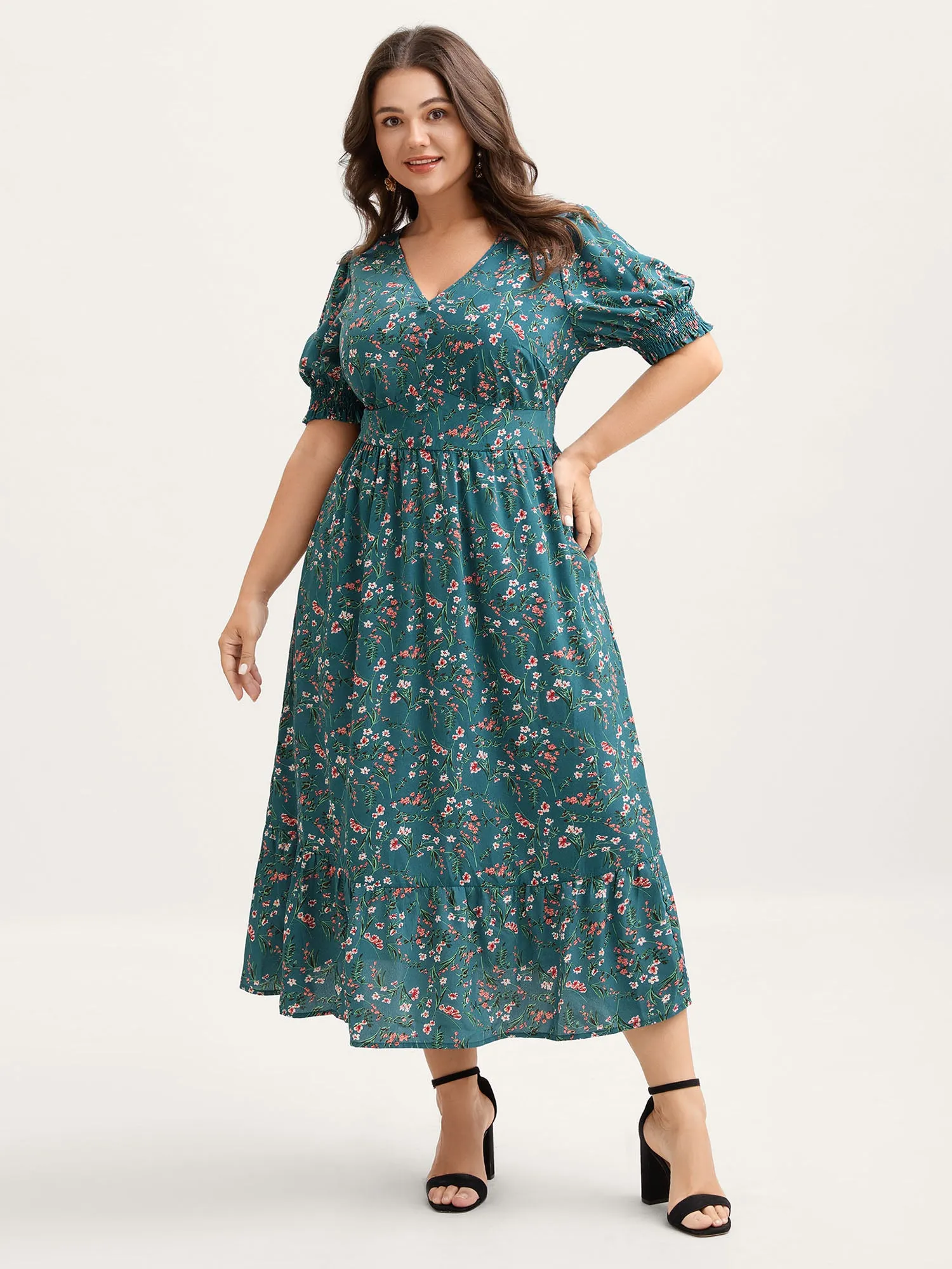 Retro Floral Print Button Detail Midi Dress sold by Bloomchic product image thumbnail 2