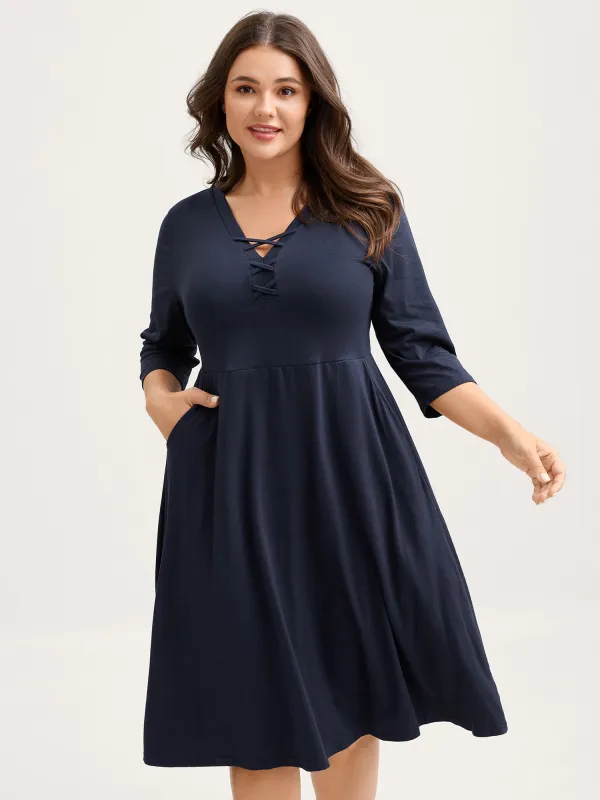 Supersoft Neck Tie-Up Pockets Midi Dress sold by Bloomchic
