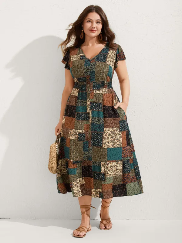 Boho Collage Print Shirred V-Neck Midi Dress sold by Bloomchic