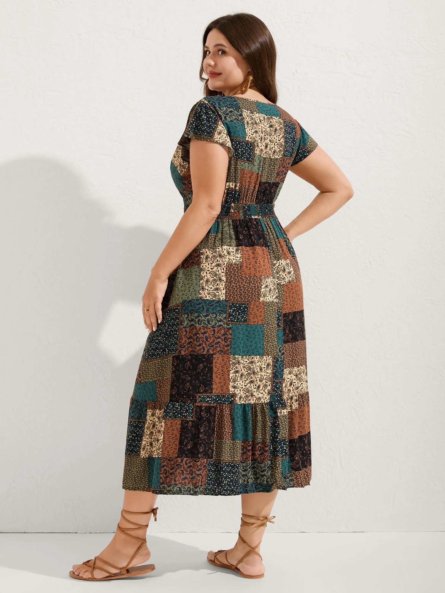 Boho Collage Print Shirred V-Neck Midi Dress sold by Bloomchic product image thumbnail 4
