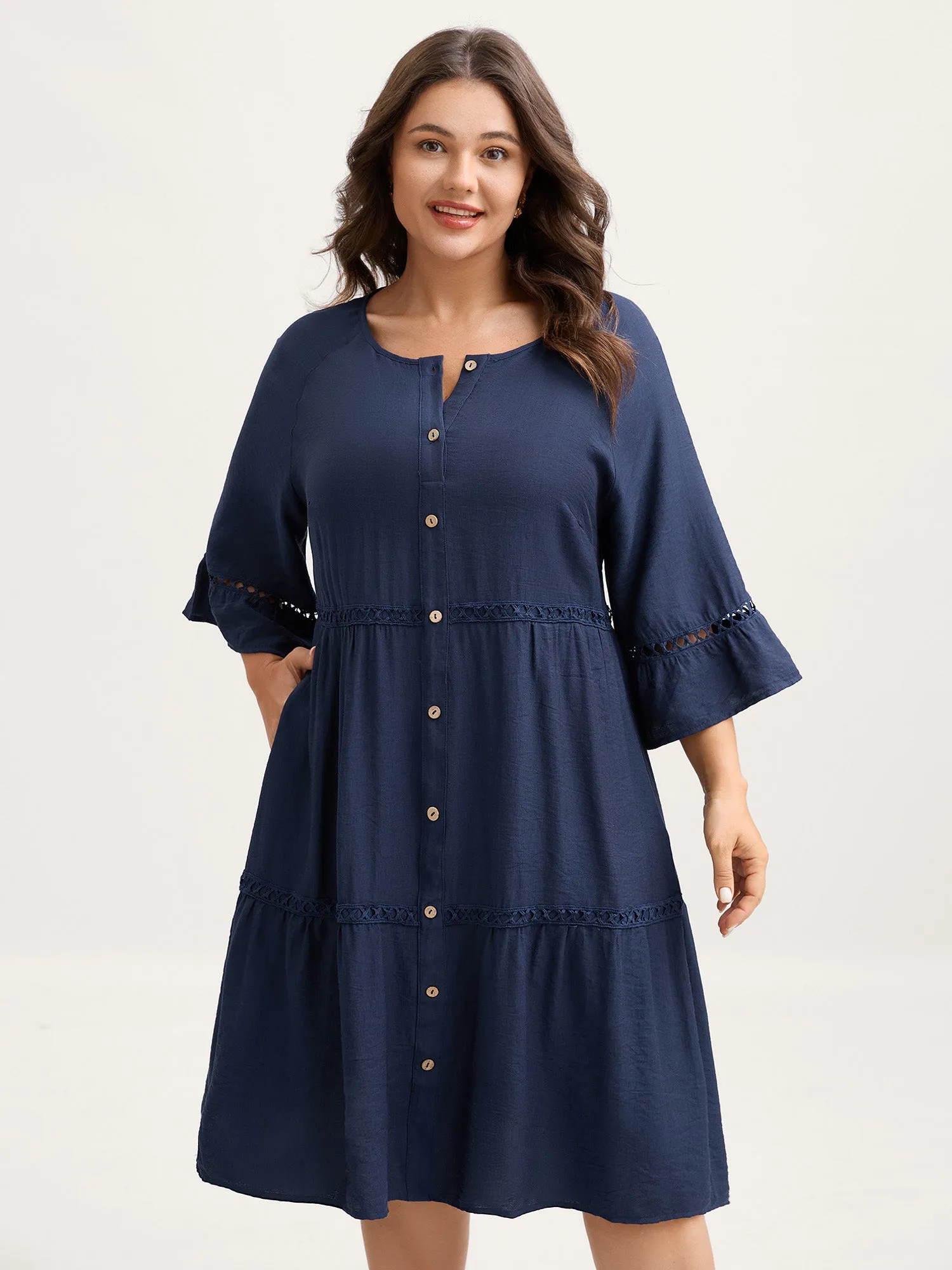 Button Front Lace Trim Pockets Midi Dress sold by Bloomchic