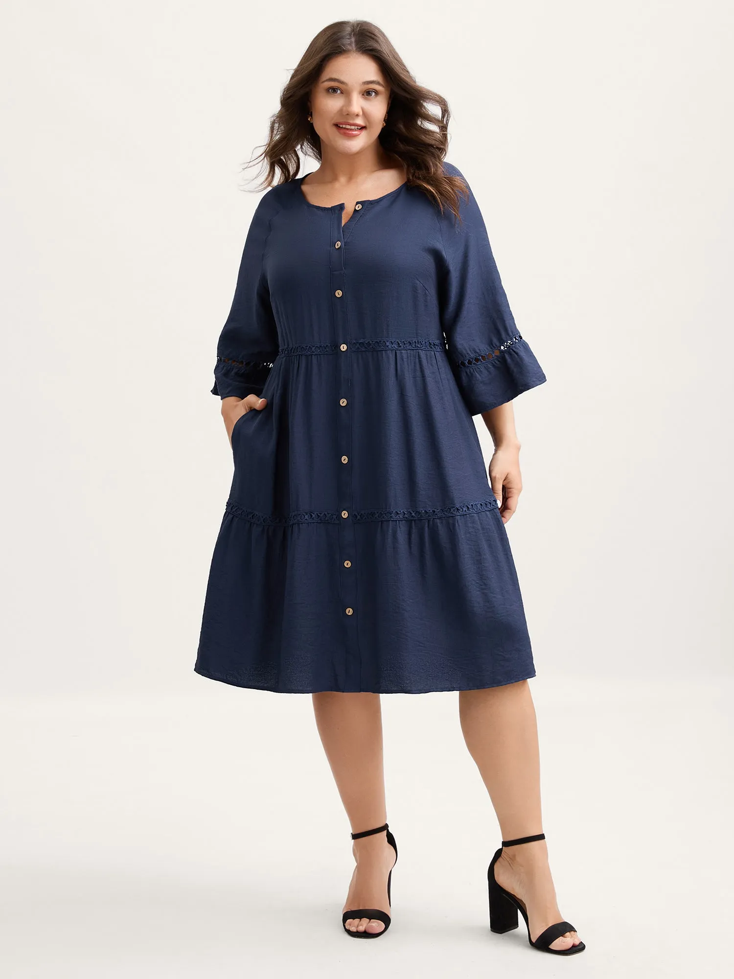 Button Front Lace Trim Pockets Midi Dress sold by Bloomchic product image thumbnail 3