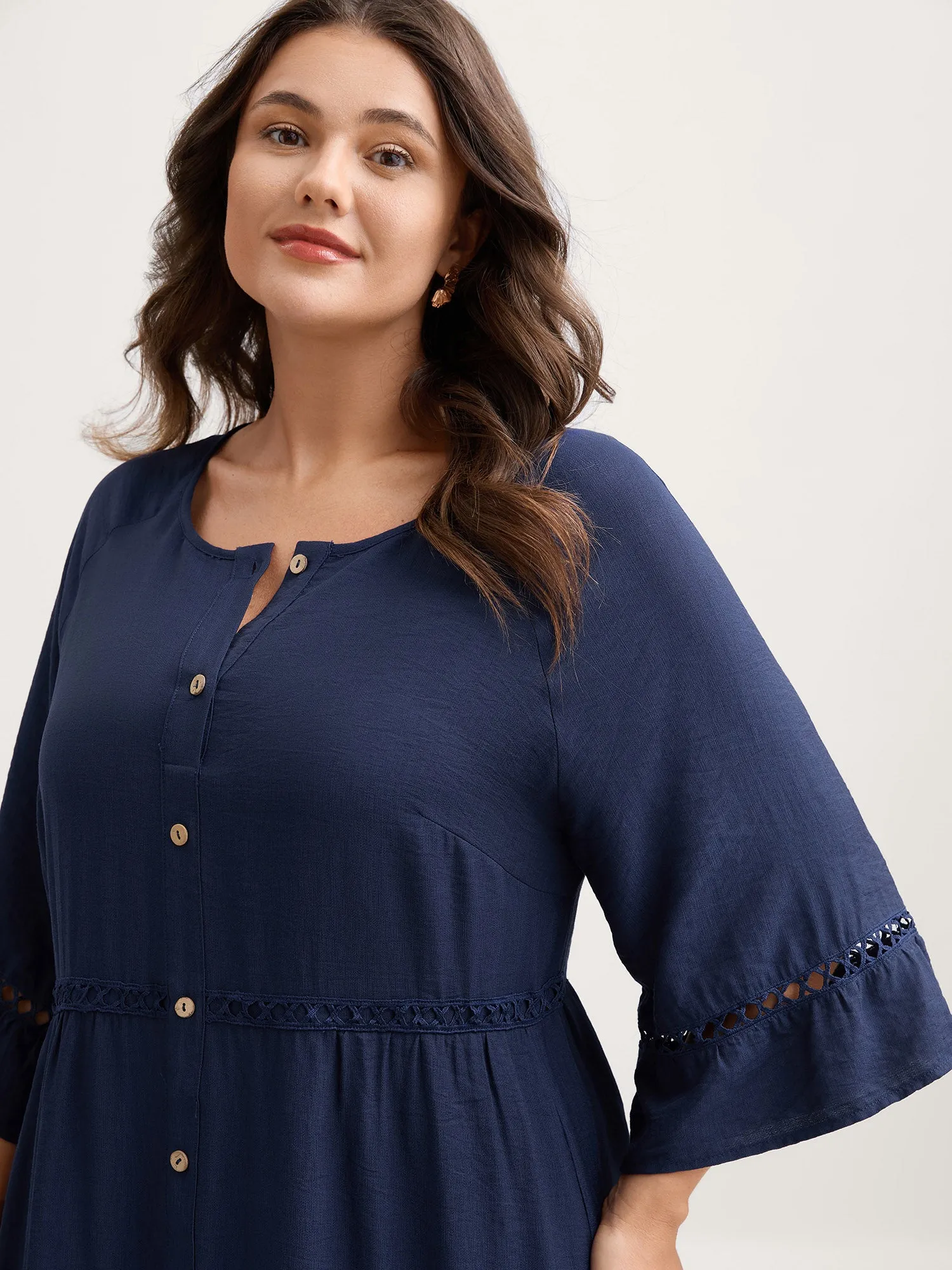 Button Front Lace Trim Pockets Midi Dress sold by Bloomchic product image thumbnail 2