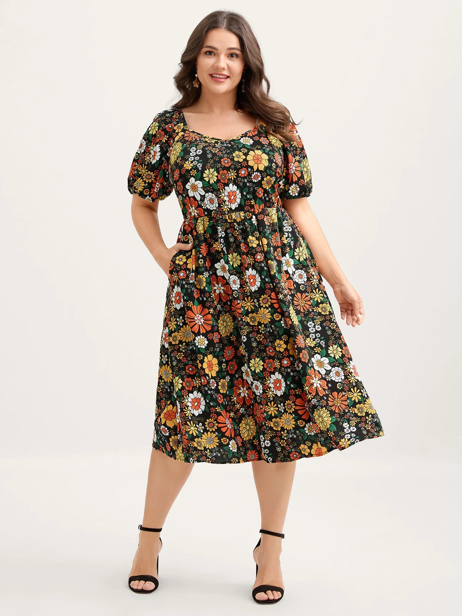 Bright Floral Print Sweetheart Neckline Midi Dress sold by Bloomchic product image thumbnail 3