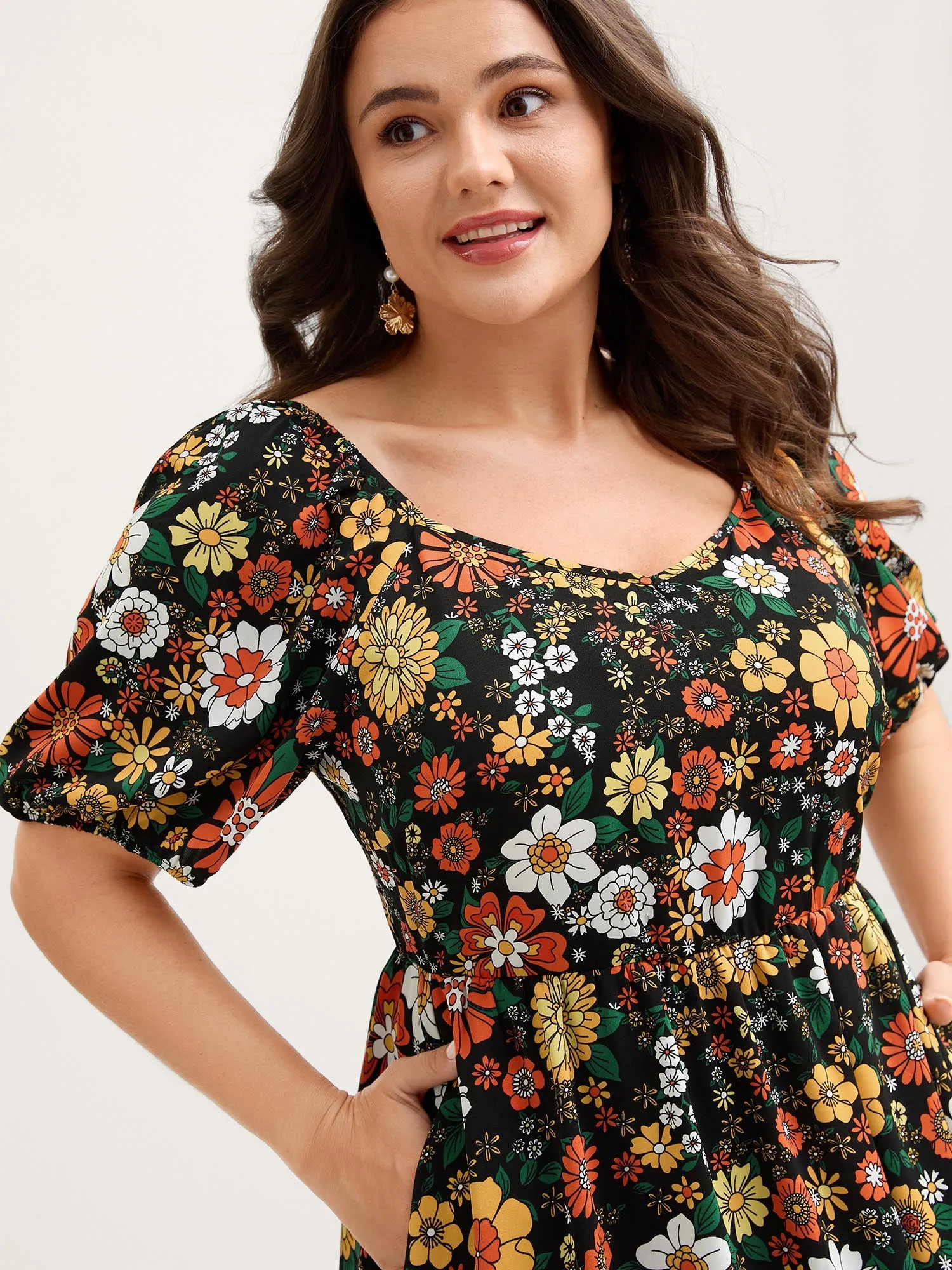 Bright Floral Print Sweetheart Neckline Midi Dress sold by Bloomchic