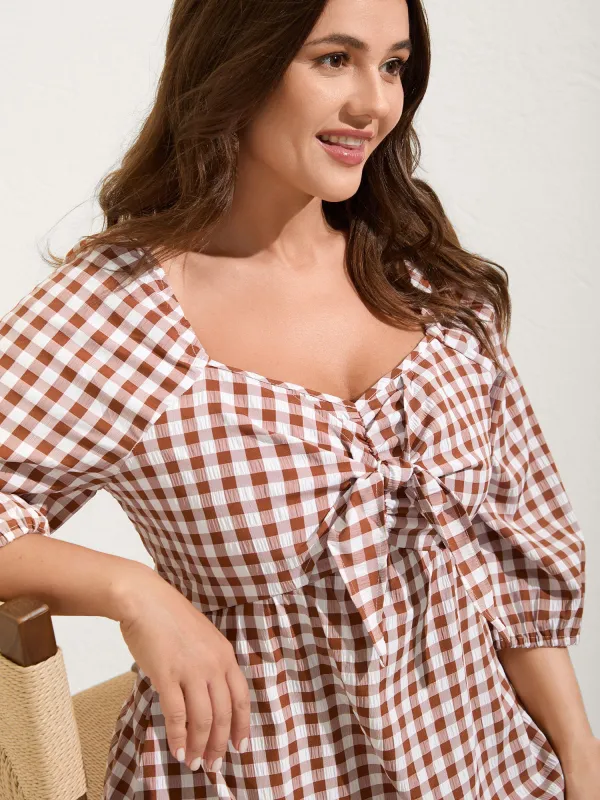 Gingham Print Shirred Bodice Knot Midi Dress sold by Bloomchic
