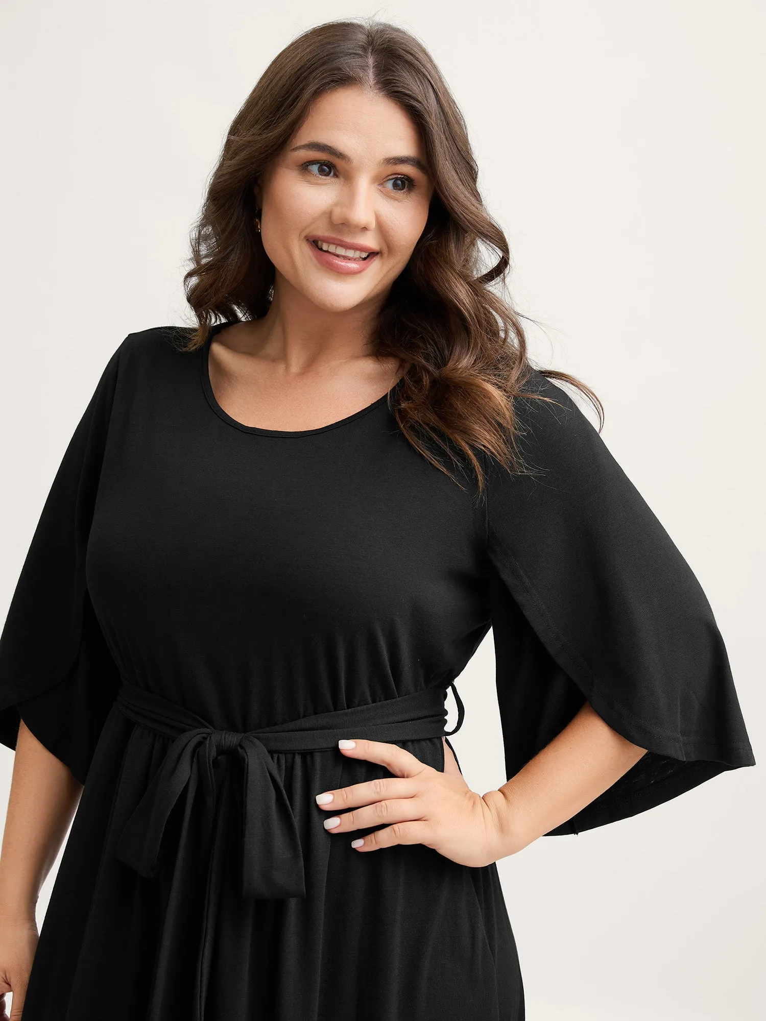 Supersoft Petal Sleeve Belted Waist-Defining Midi Dress sold by Bloomchic product image thumbnail 3
