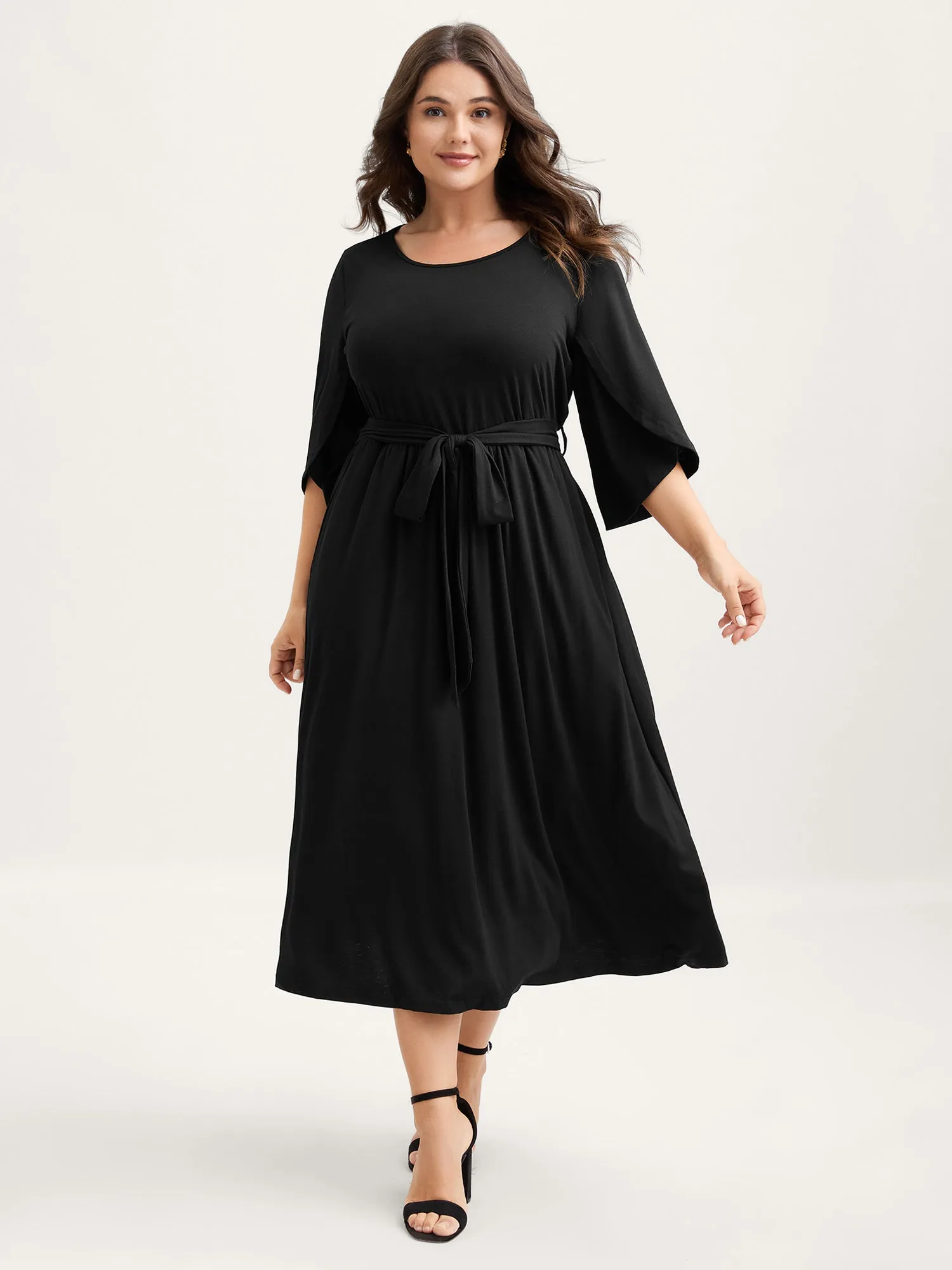 Supersoft Petal Sleeve Belted Waist-Defining Midi Dress sold by Bloomchic