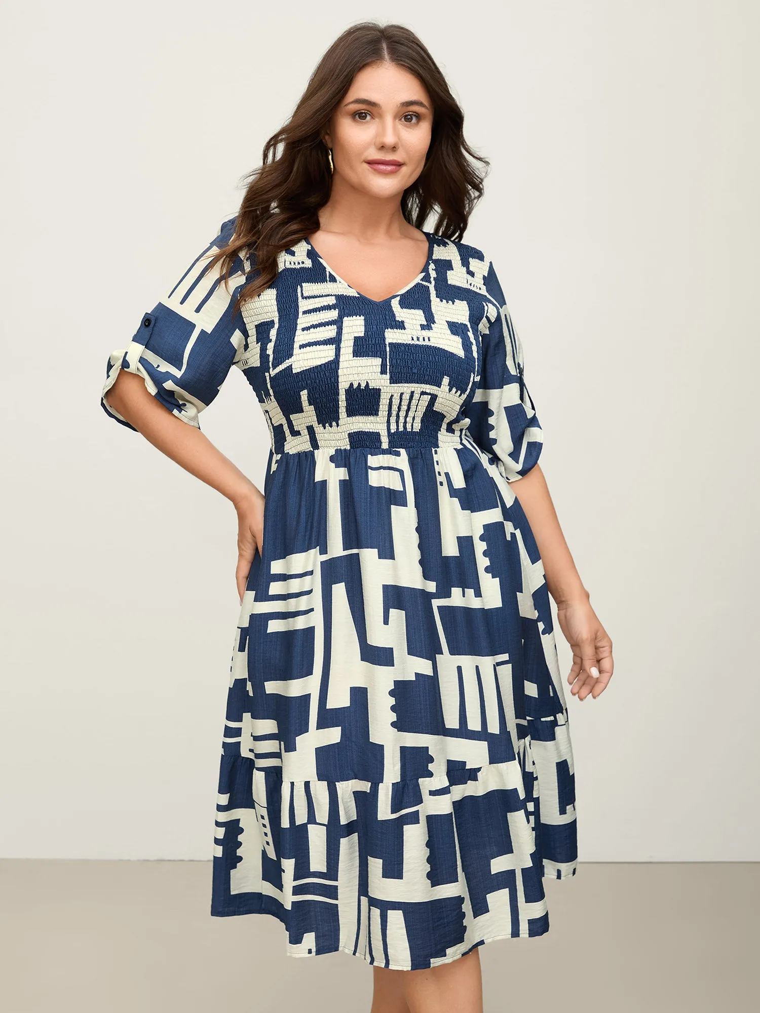 Rayon Geometric Print Shirred Bust Midi Dress sold by Bloomchic