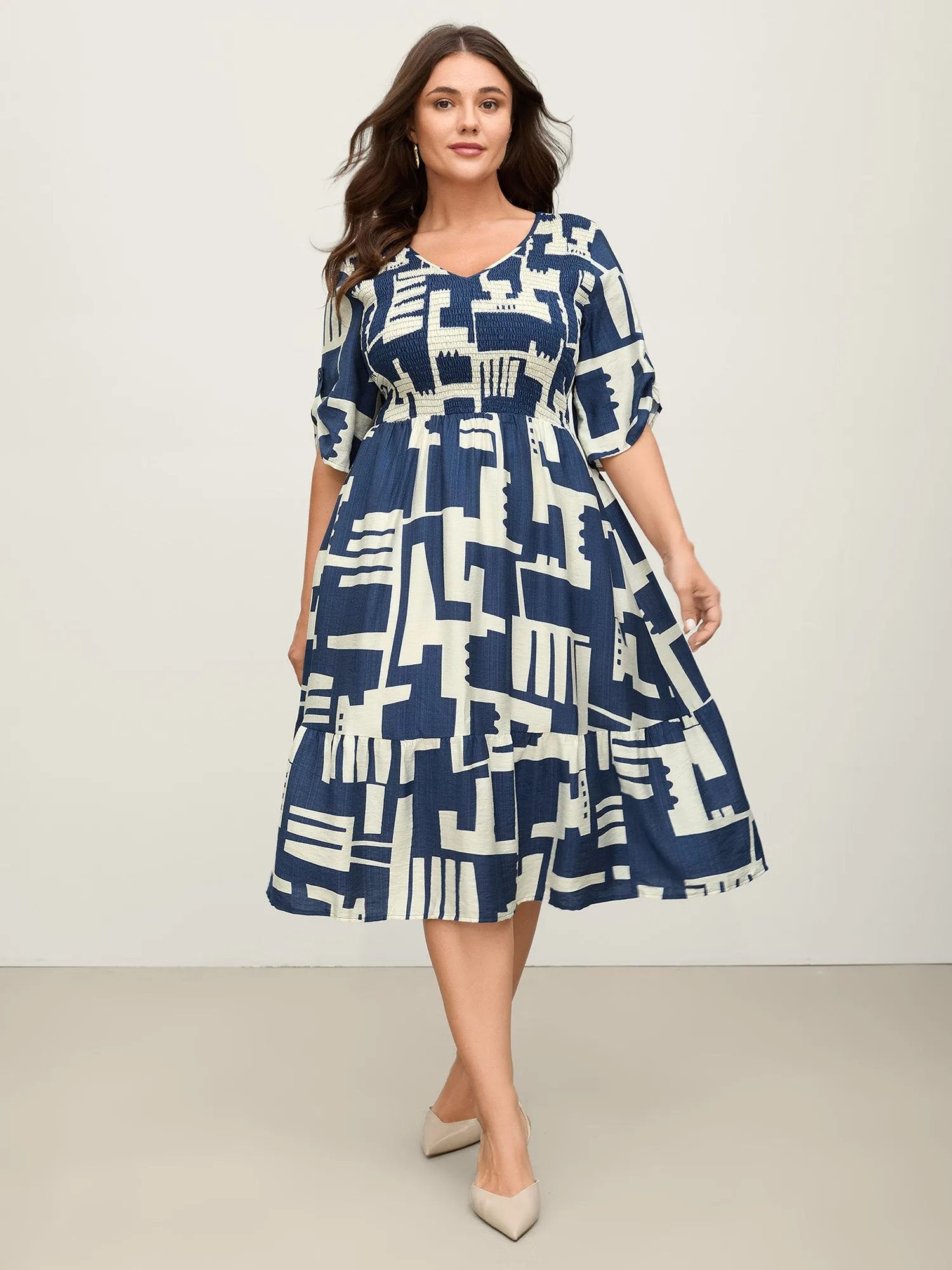 Rayon Geometric Print Shirred Bust Midi Dress sold by Bloomchic product image thumbnail 3