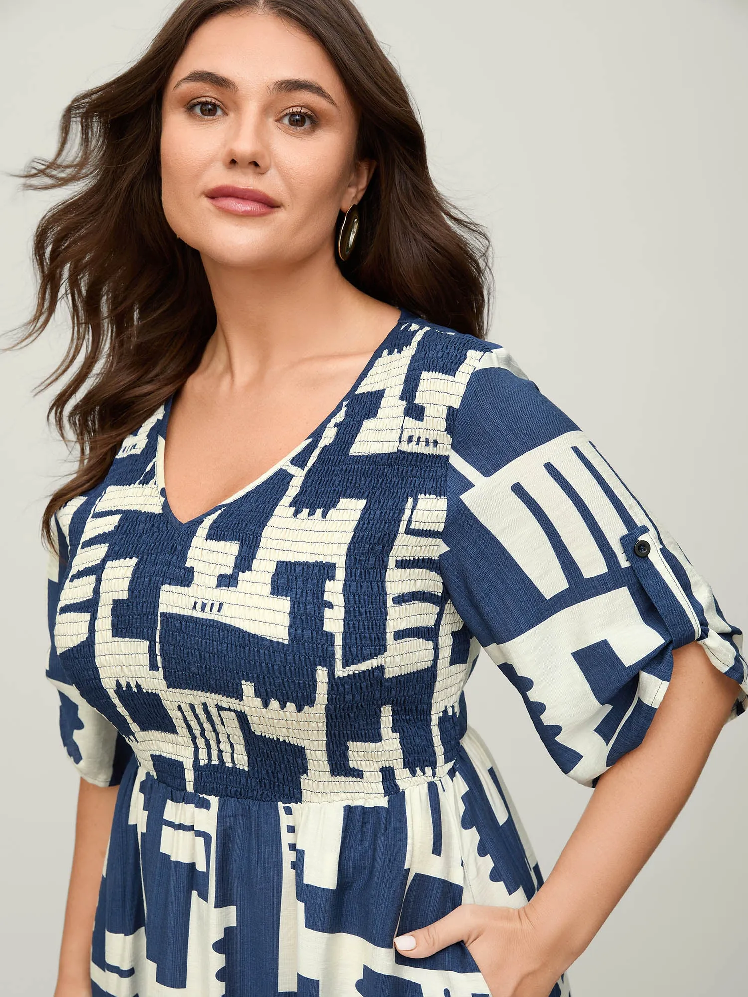 Rayon Geometric Print Shirred Bust Midi Dress sold by Bloomchic product image thumbnail 2