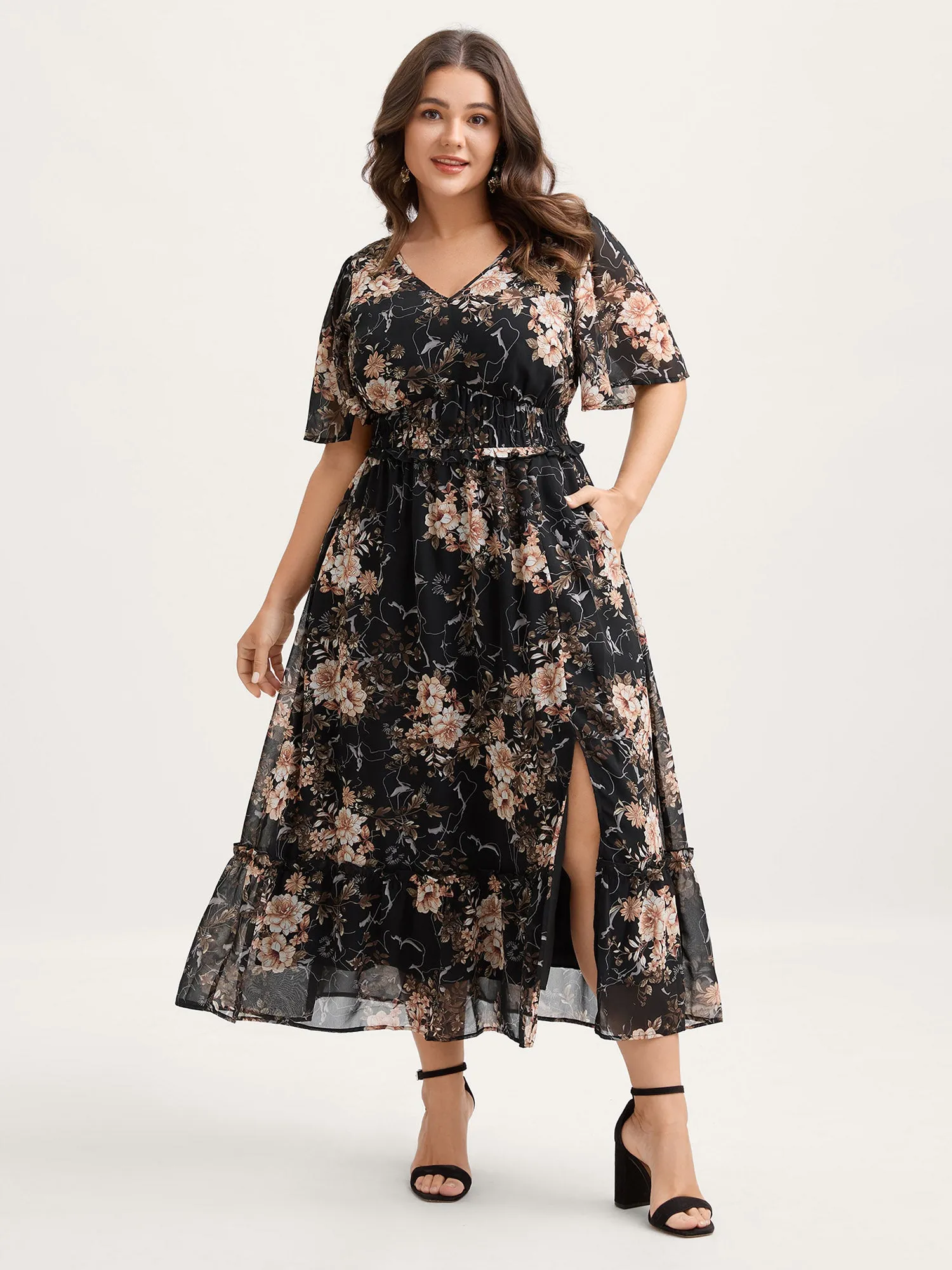 Chiffon Floral Print Tiered Slit Midi Dress sold by Bloomchic