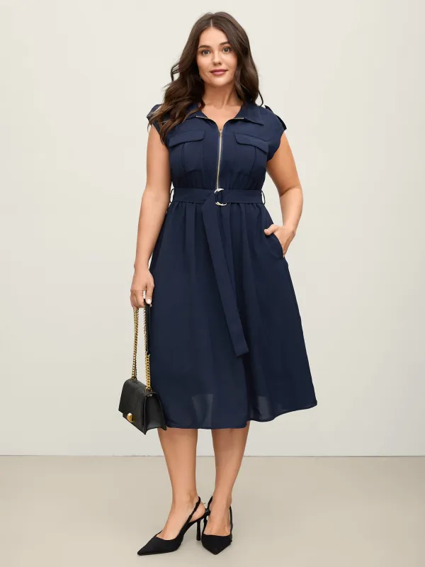 Half Zipper Pockets Belted Midi Dress sold by Bloomchic