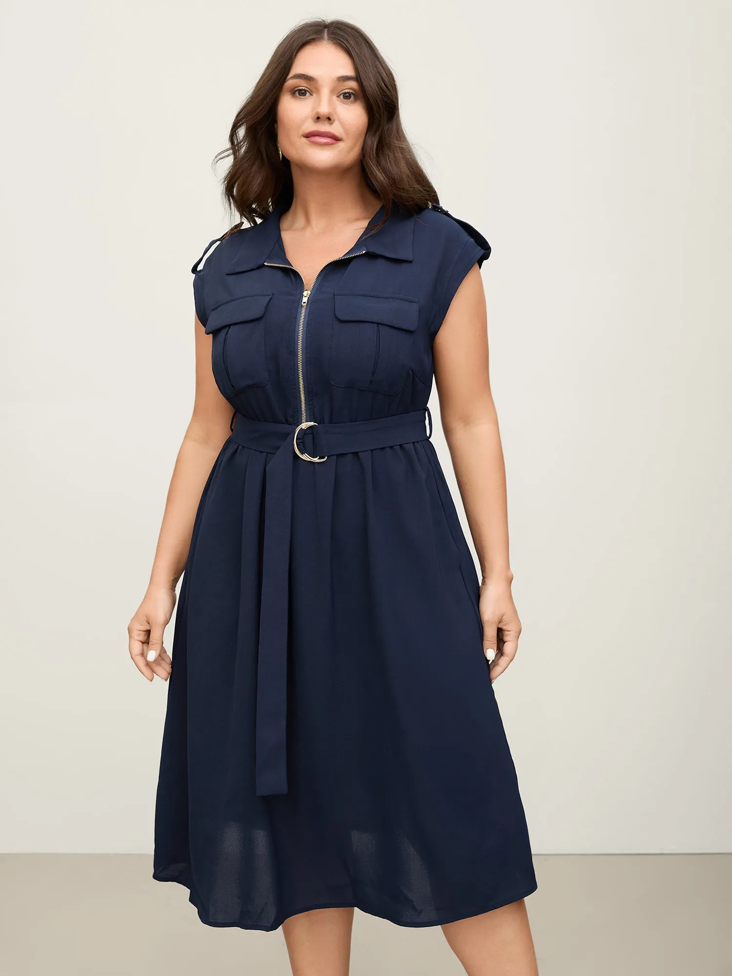 Half Zipper Pockets Belted Midi Dress sold by Bloomchic product image thumbnail 3