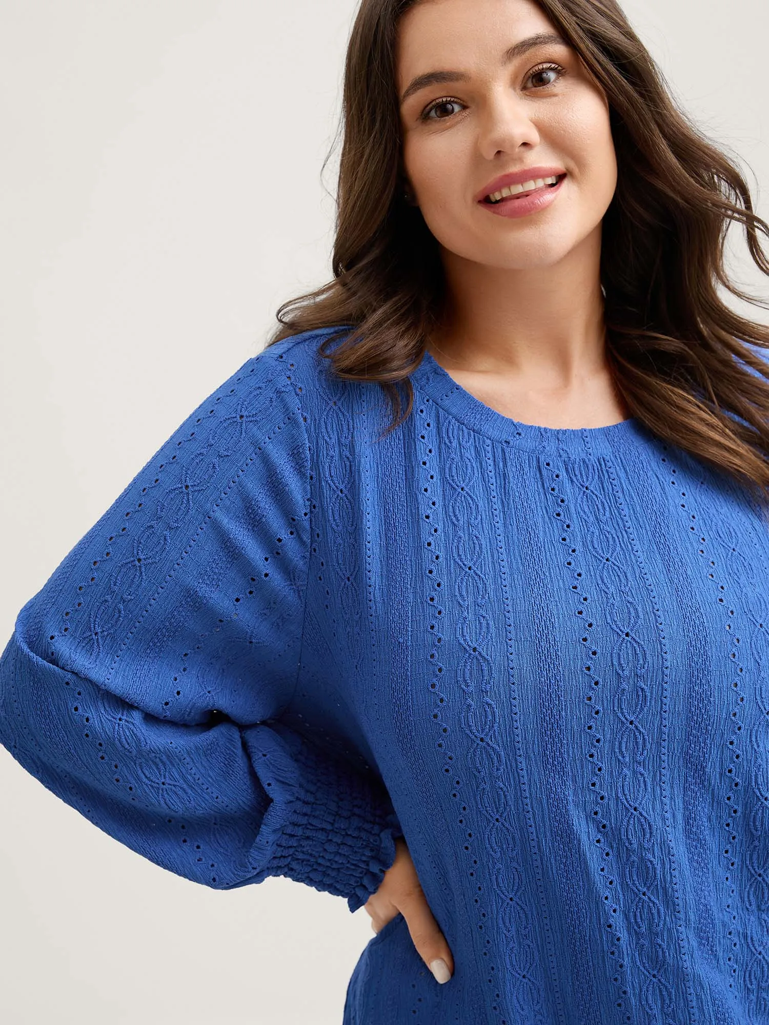 Eyelet Trim Stretchy Plain Knit Top sold by Bloomchic product image thumbnail 2