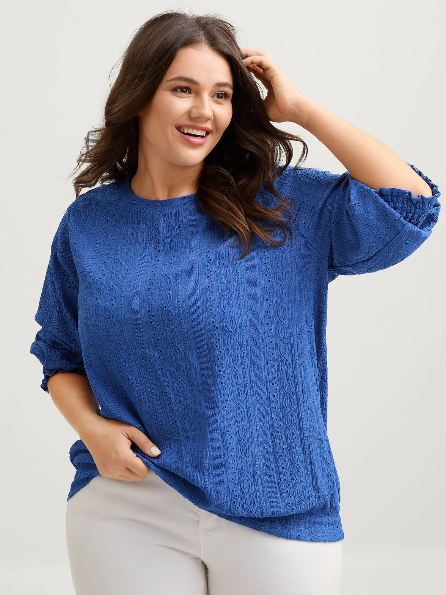 Eyelet Trim Stretchy Plain Knit Top sold by Bloomchic