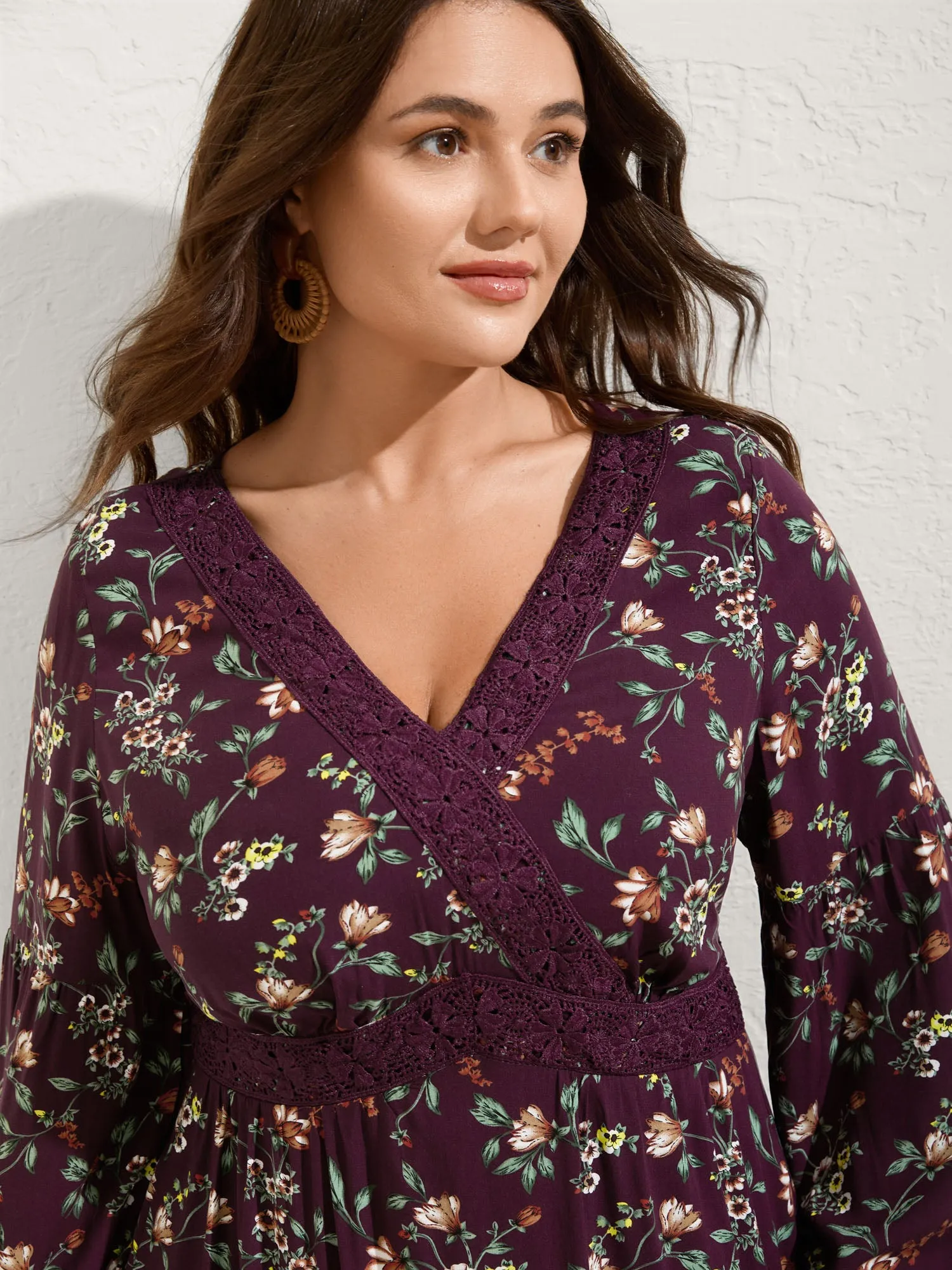 Supersoft Floral Print Lace Trim Knee-Length Dress sold by Bloomchic product image thumbnail 2