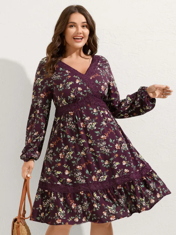 Supersoft Floral Print Lace Trim Knee-Length Dress sold by Bloomchic