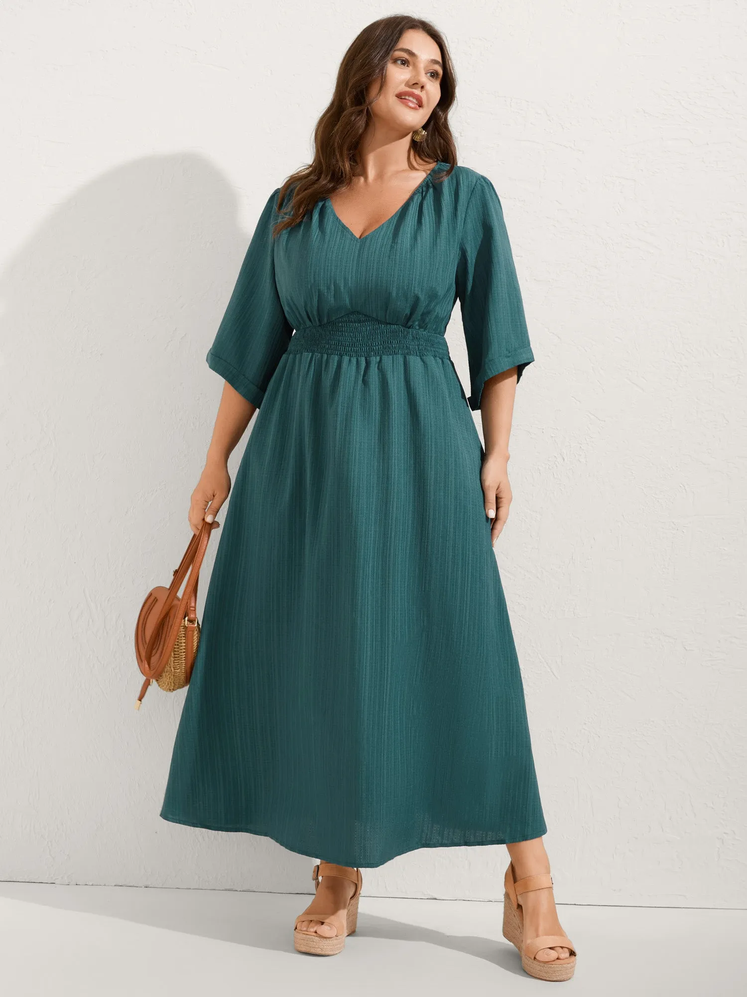 Textured Shirred-Waist Adjustable Pockets Midi Dress sold by Bloomchic product image thumbnail 2
