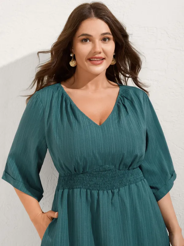 Textured Shirred-Waist Adjustable Pockets Midi Dress sold by Bloomchic