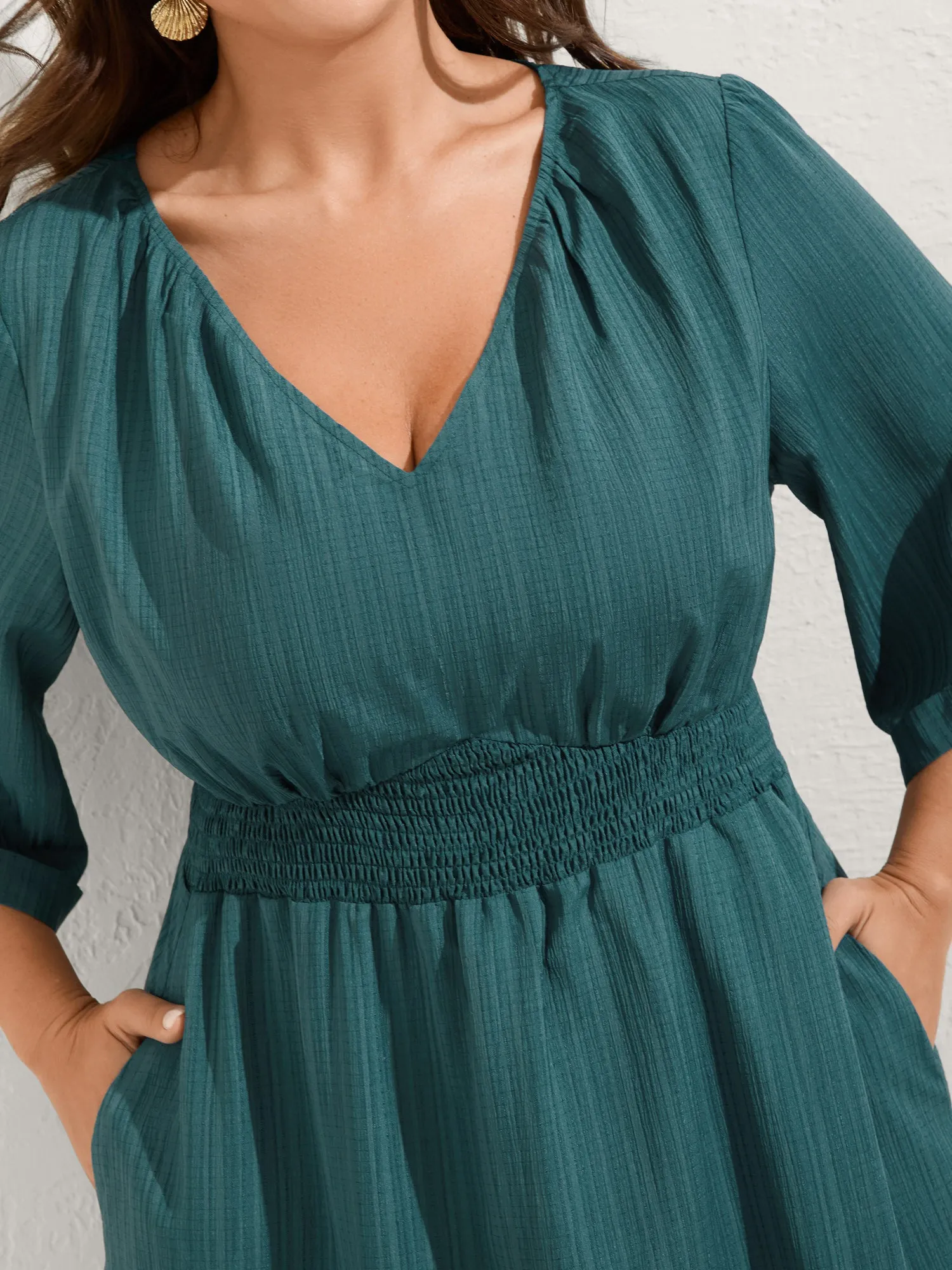 Textured Shirred-Waist Adjustable Pockets Midi Dress sold by Bloomchic product image thumbnail 3