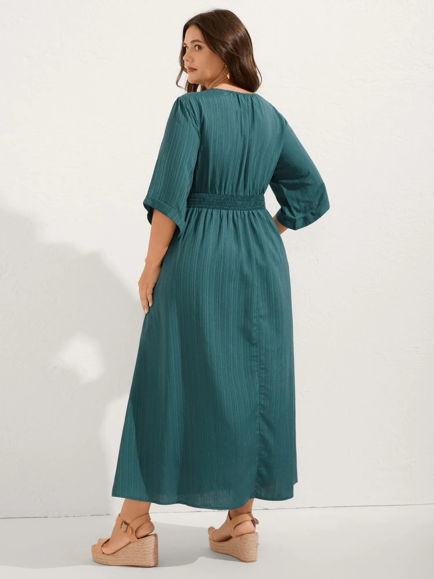 Textured Shirred-Waist Adjustable Pockets Midi Dress sold by Bloomchic product image thumbnail 4