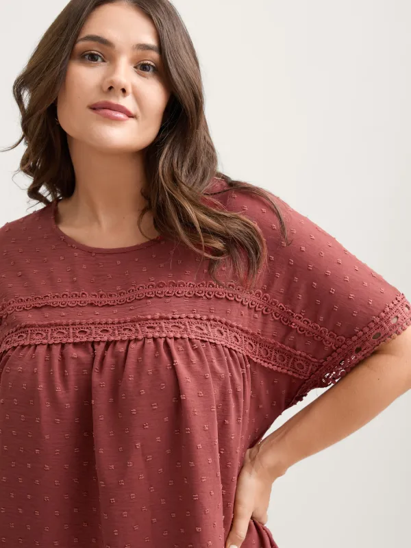 Textured Lace Trim Solid Blouse sold by Bloomchic