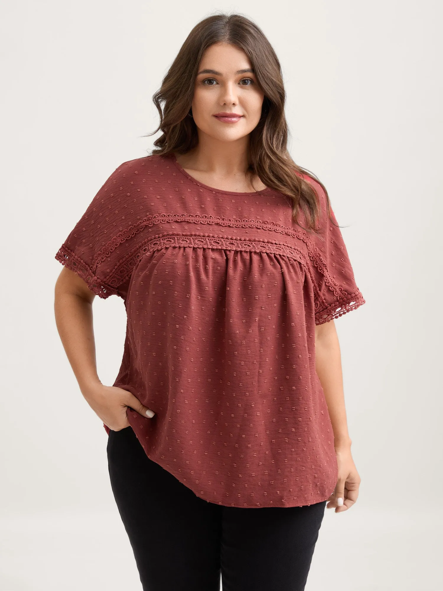 Textured Lace Trim Solid Blouse sold by Bloomchic product image thumbnail 2