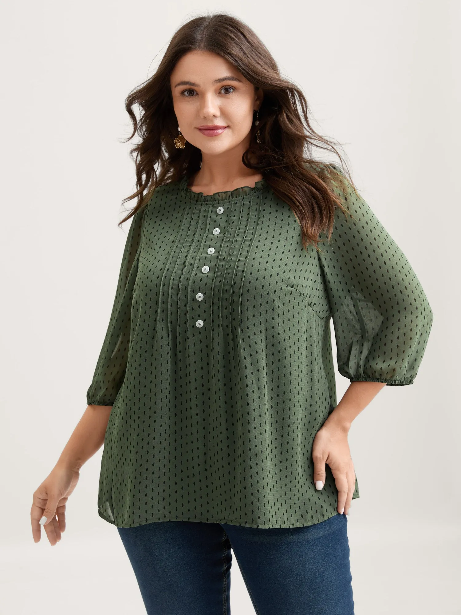 Polka Dots Pin Tuck Button Detail Blouse sold by Bloomchic